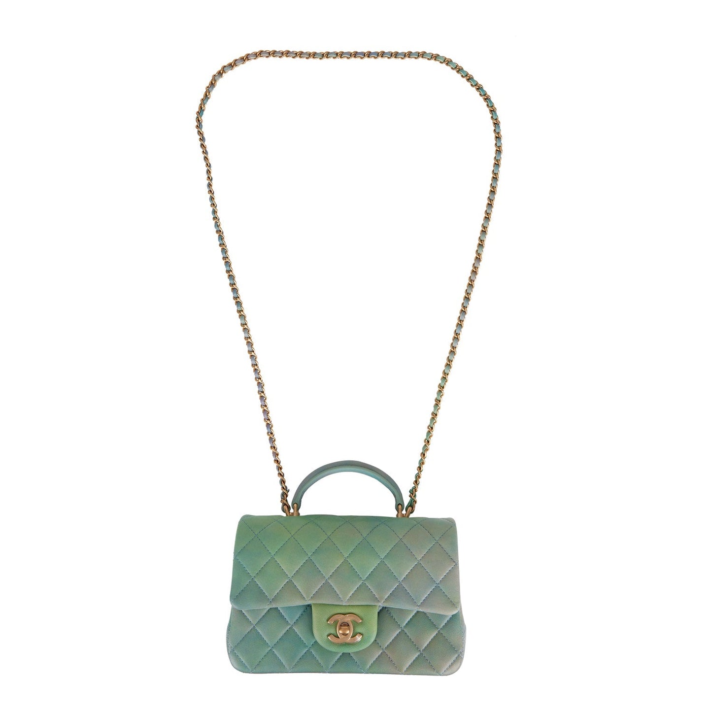Chanel Mini Rectangular Flap Bag with Top Handle Green Ombre Lambskin Antique Gold Hardware