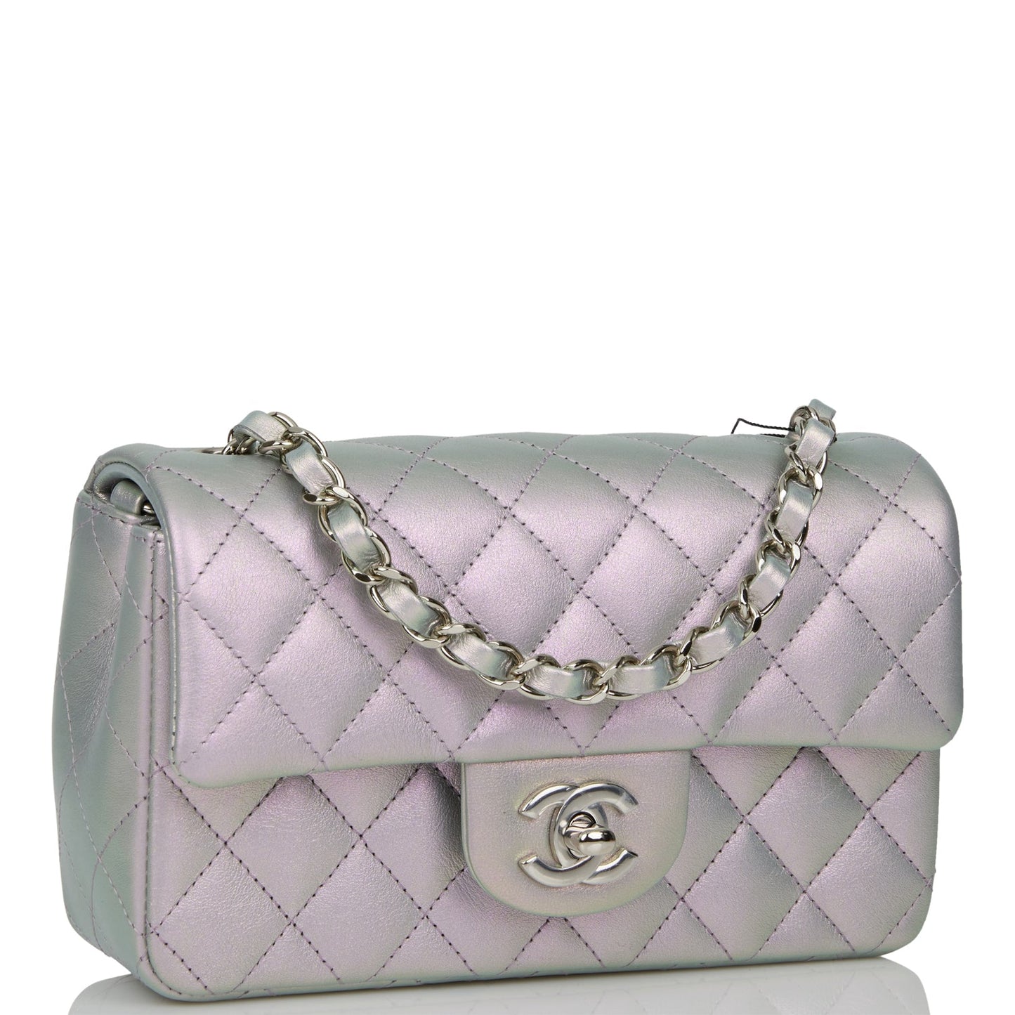 Chanel Mini Rectangular Flap Bag Purple Iridescent Quilted Lambskin Silver Hardware