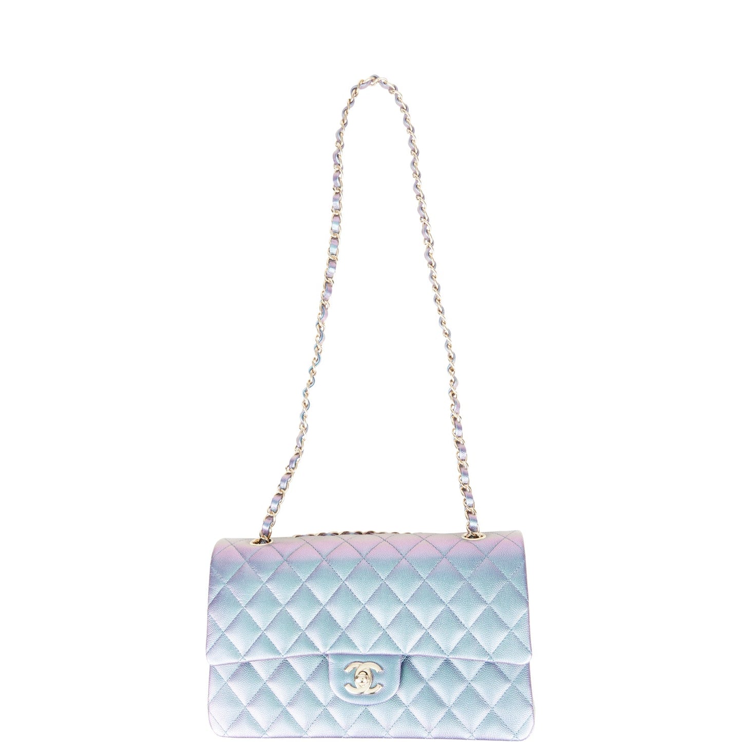 Chanel Medium Classic Double Flap Bag Blue Iridescent Caviar Light Gold Hardware
