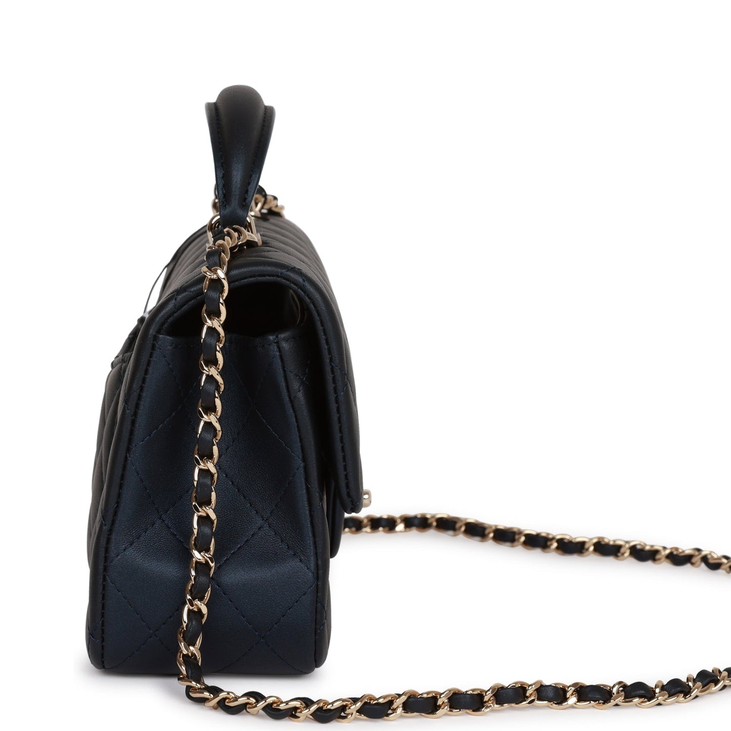 Chanel Mini Rectangular Flap Bag with Top Handle Dark Blue Lambskin Light Gold Hardware