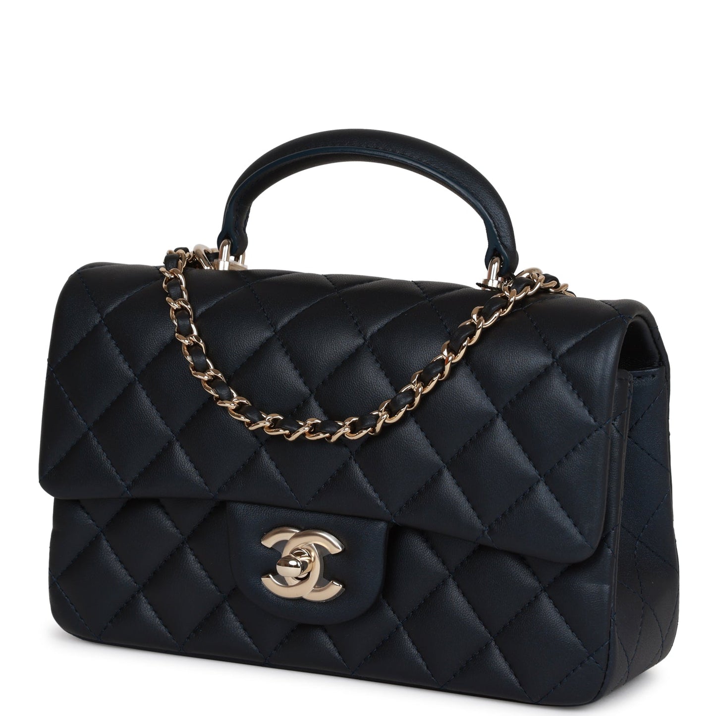 Chanel Mini Rectangular Flap Bag with Top Handle Dark Blue Lambskin Light Gold Hardware