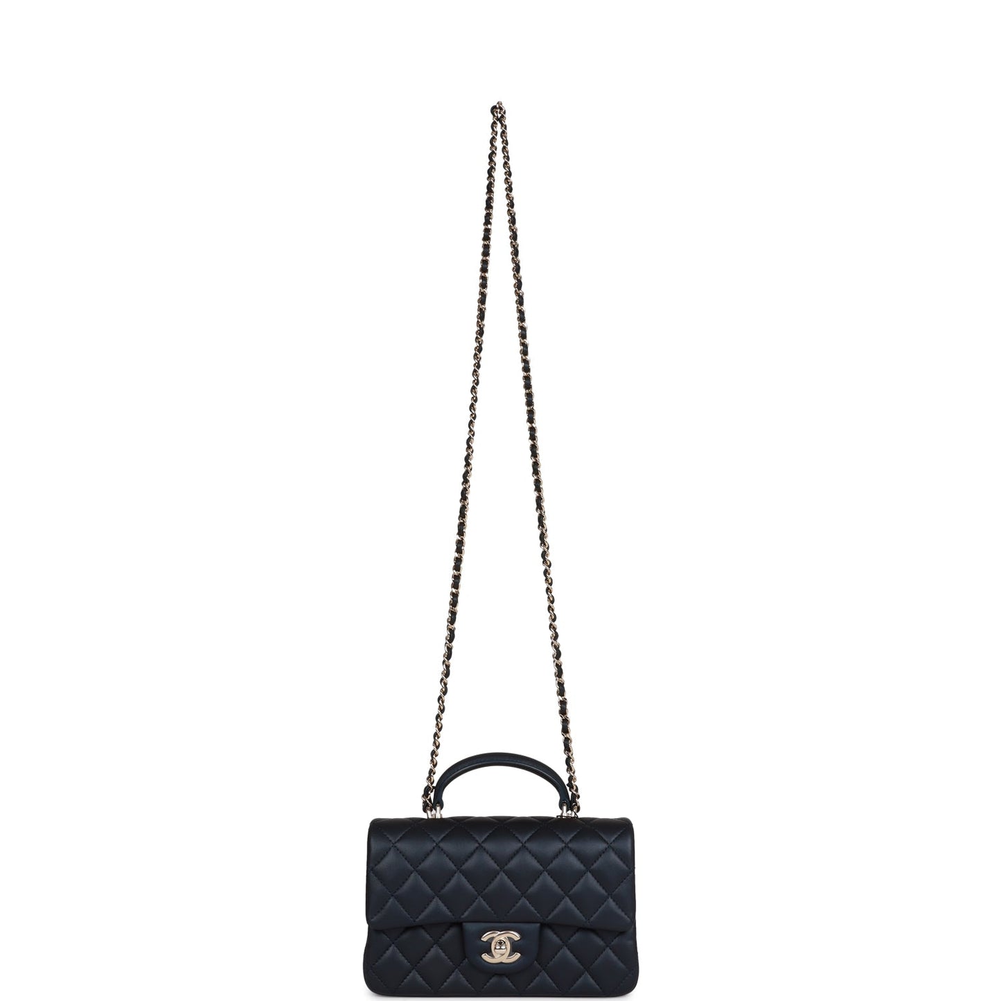 Chanel Mini Rectangular Flap Bag with Top Handle Dark Blue Lambskin Light Gold Hardware