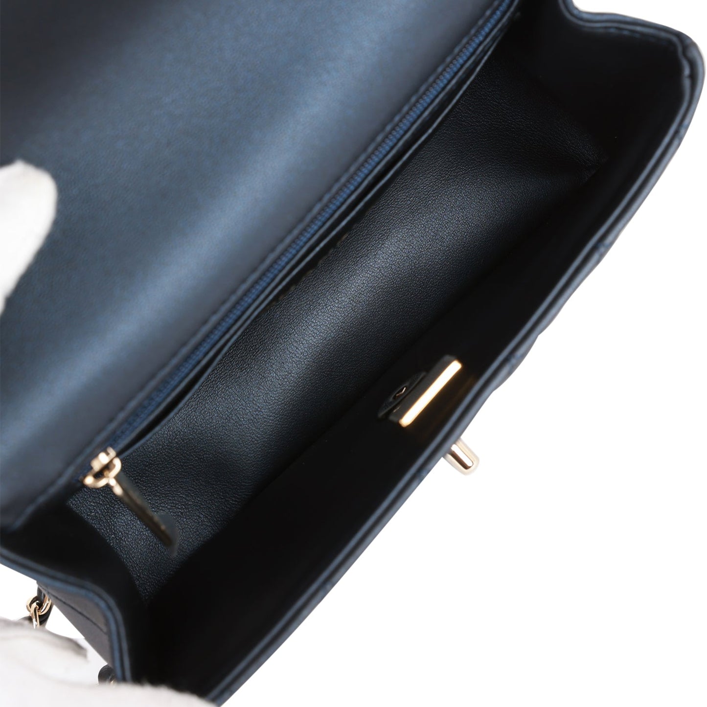 Chanel Mini Rectangular Flap Bag with Top Handle Dark Blue Lambskin Light Gold Hardware