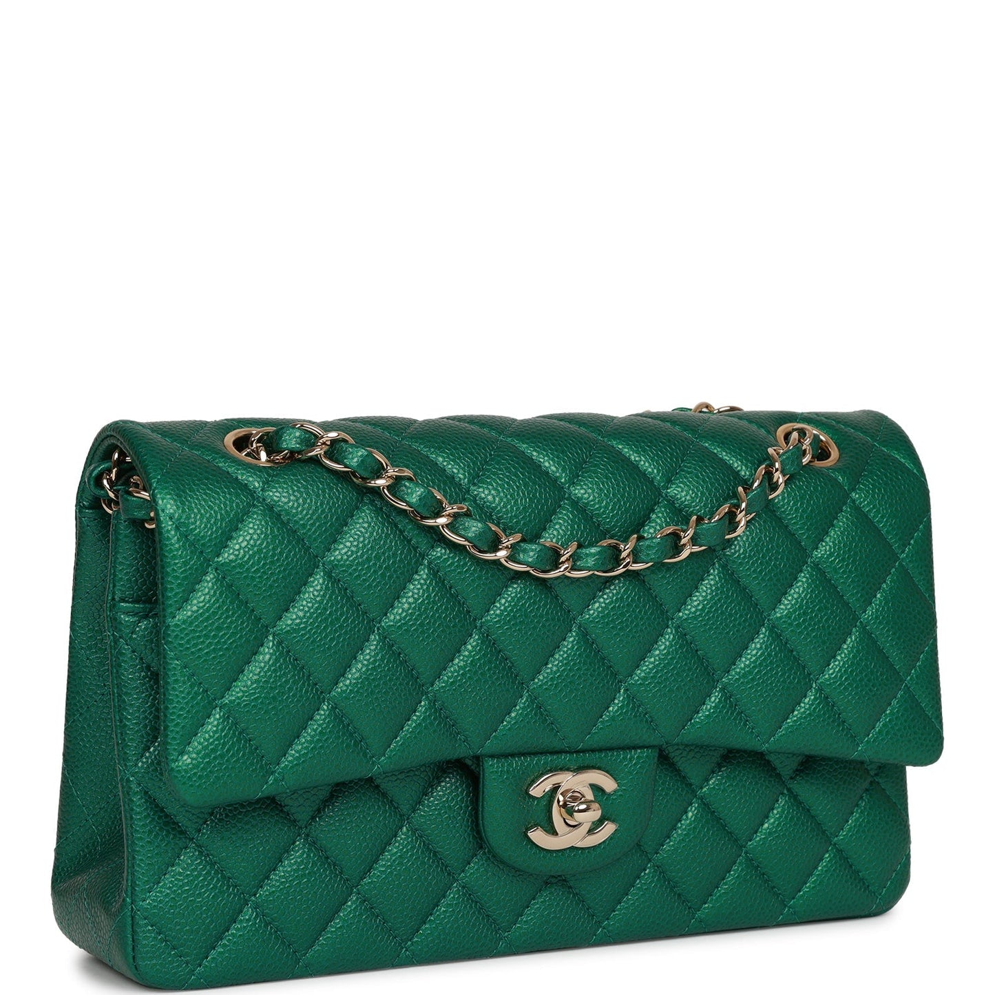 Chanel Medium Classic Double Flap Bag Green Metallic Caviar Light Gold Hardware