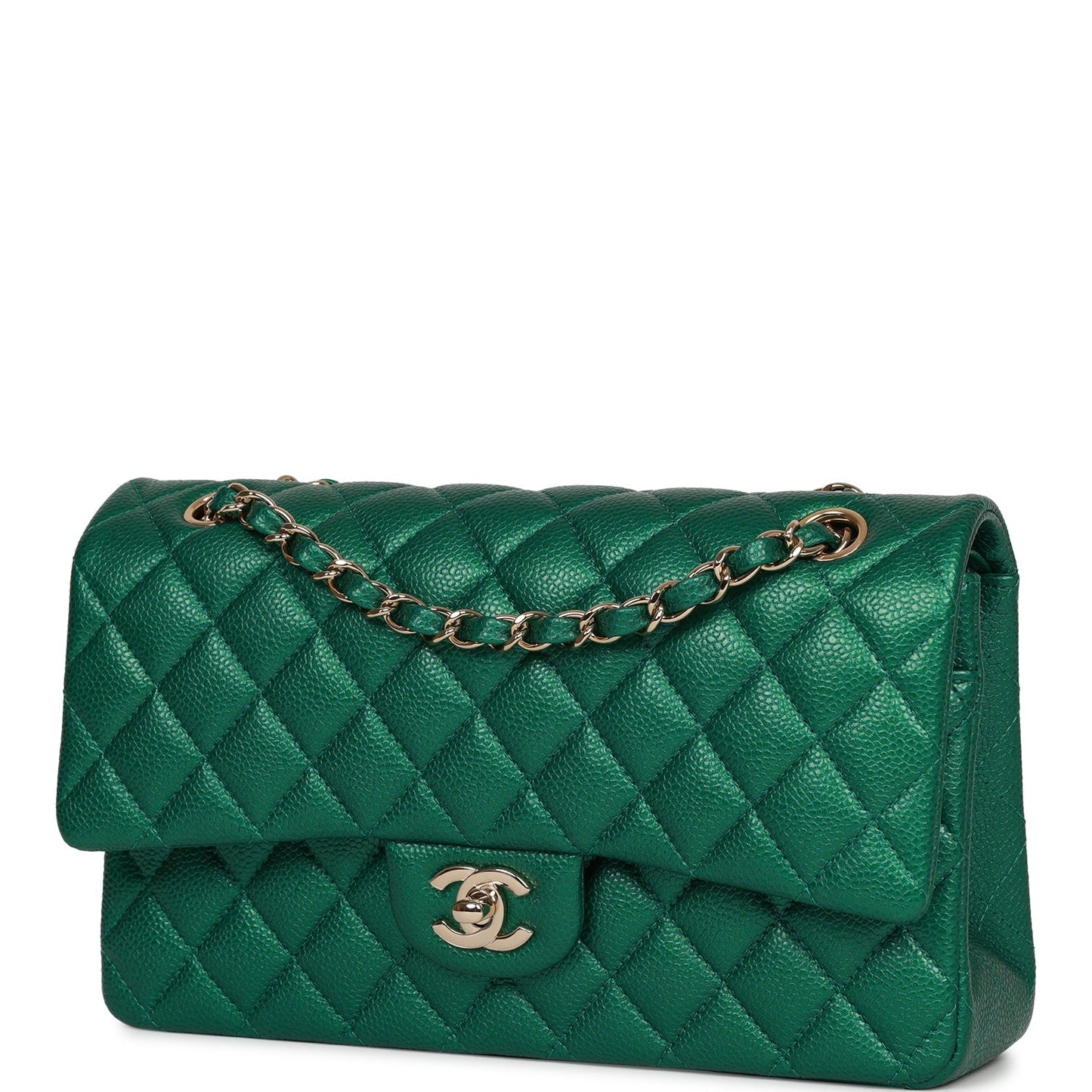 Chanel Medium Classic Double Flap Bag Green Metallic Caviar Light Gold Hardware