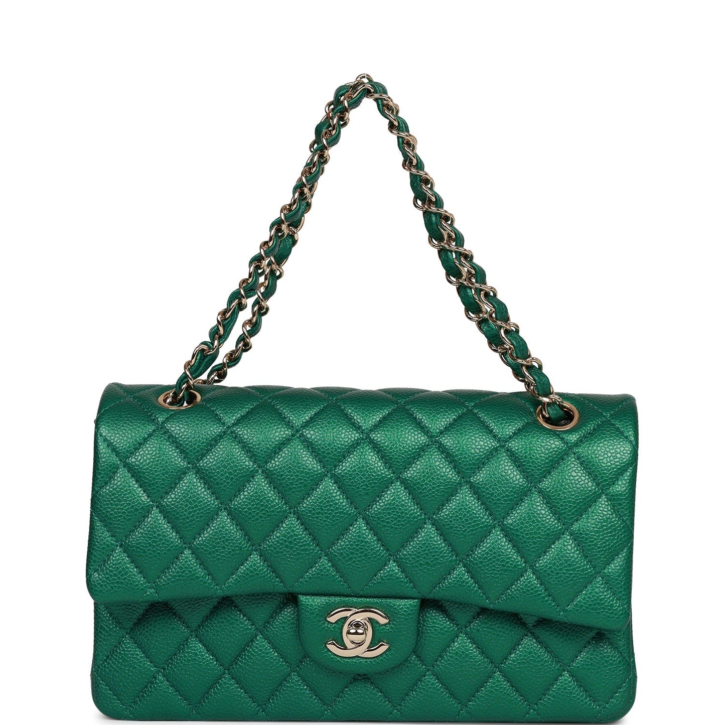 Chanel Medium Classic Double Flap Bag Green Metallic Caviar Light Gold Hardware