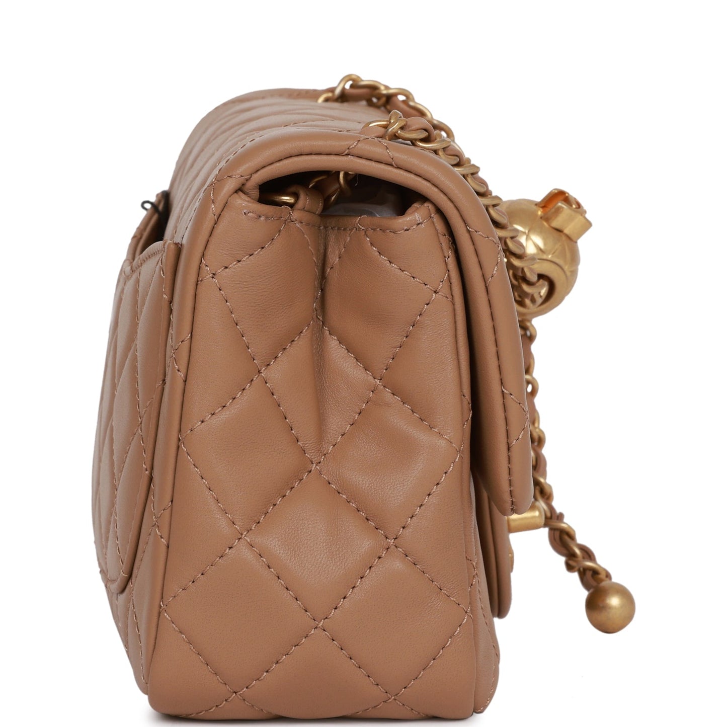 Chanel Pearl Crush Mini Square Flap Bag Beige Lambskin Antique Gold Hardware