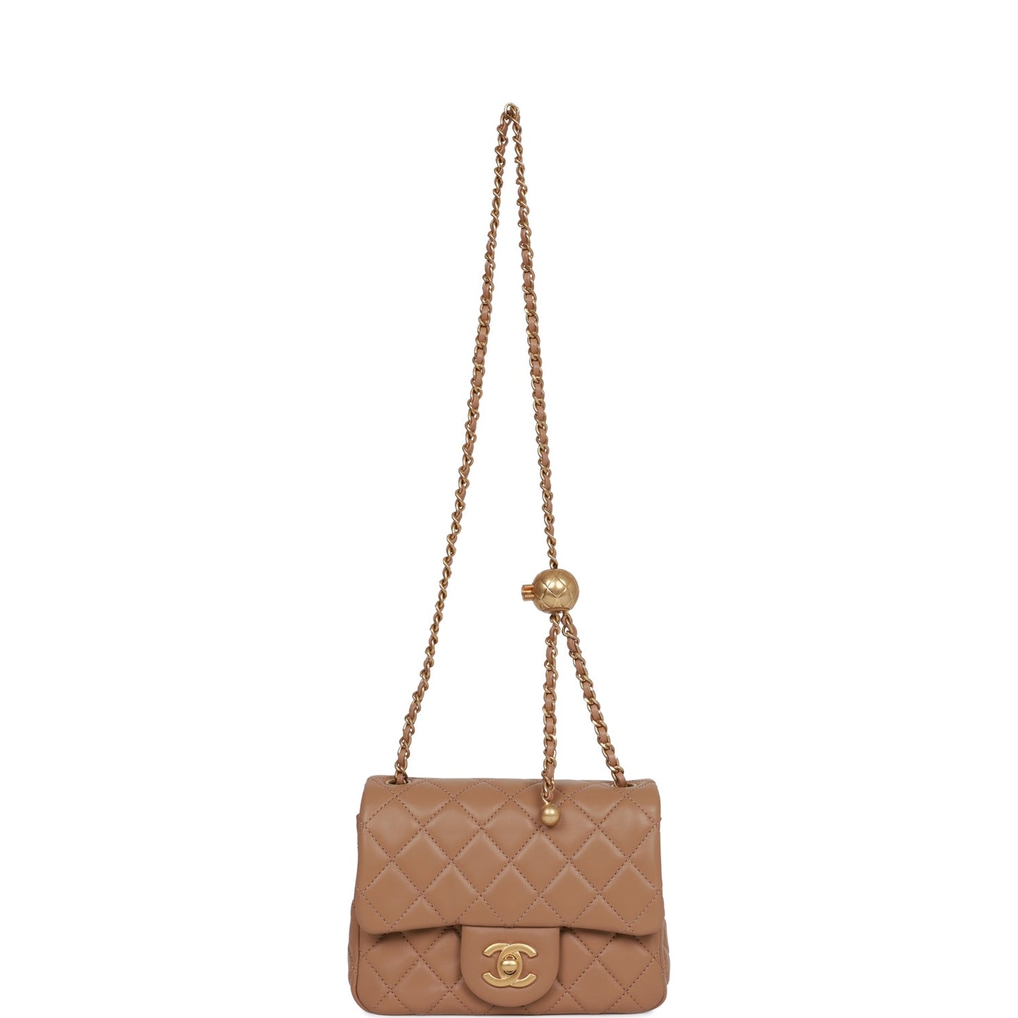 Chanel Pearl Crush Mini Square Flap Bag Beige Lambskin Antique Gold Hardware