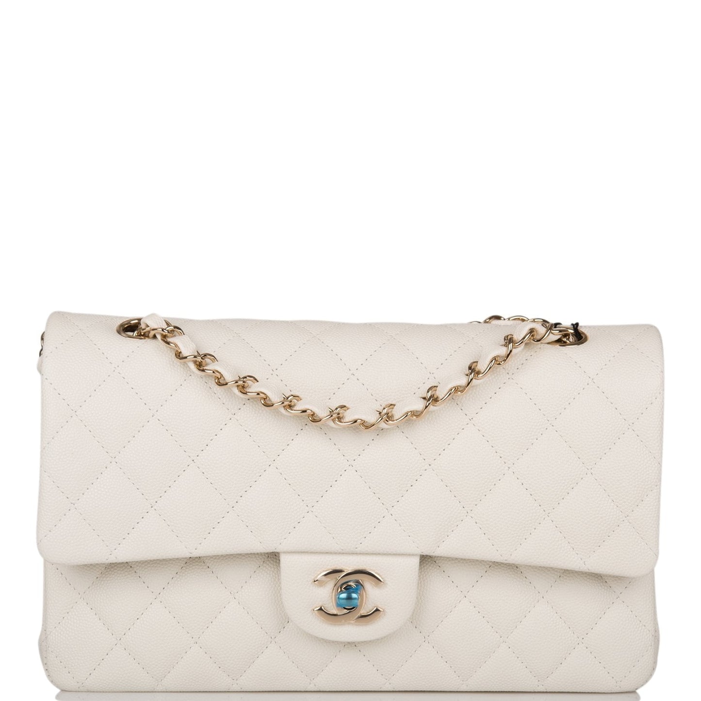 Chanel White Quilted Caviar Medium Classic Double Flap Bag Light Gold Hardware