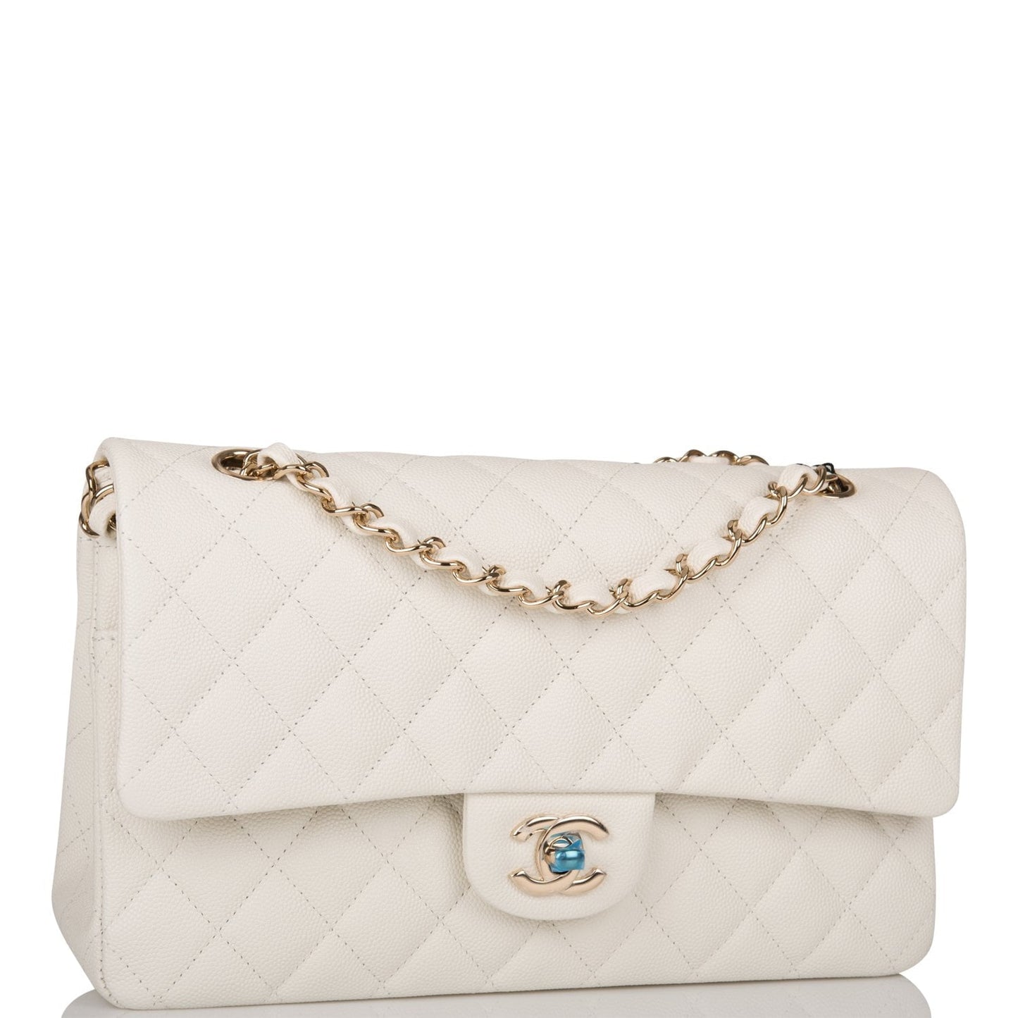 Chanel White Quilted Caviar Medium Classic Double Flap Bag Light Gold Hardware