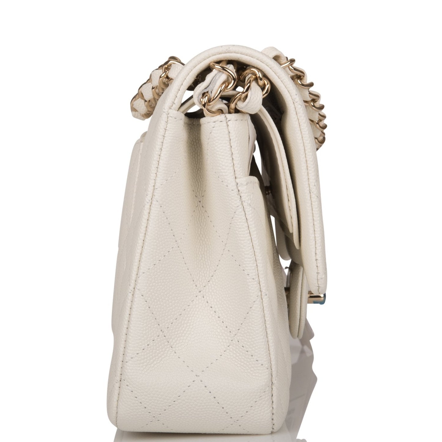 Chanel White Quilted Caviar Medium Classic Double Flap Bag Light Gold Hardware