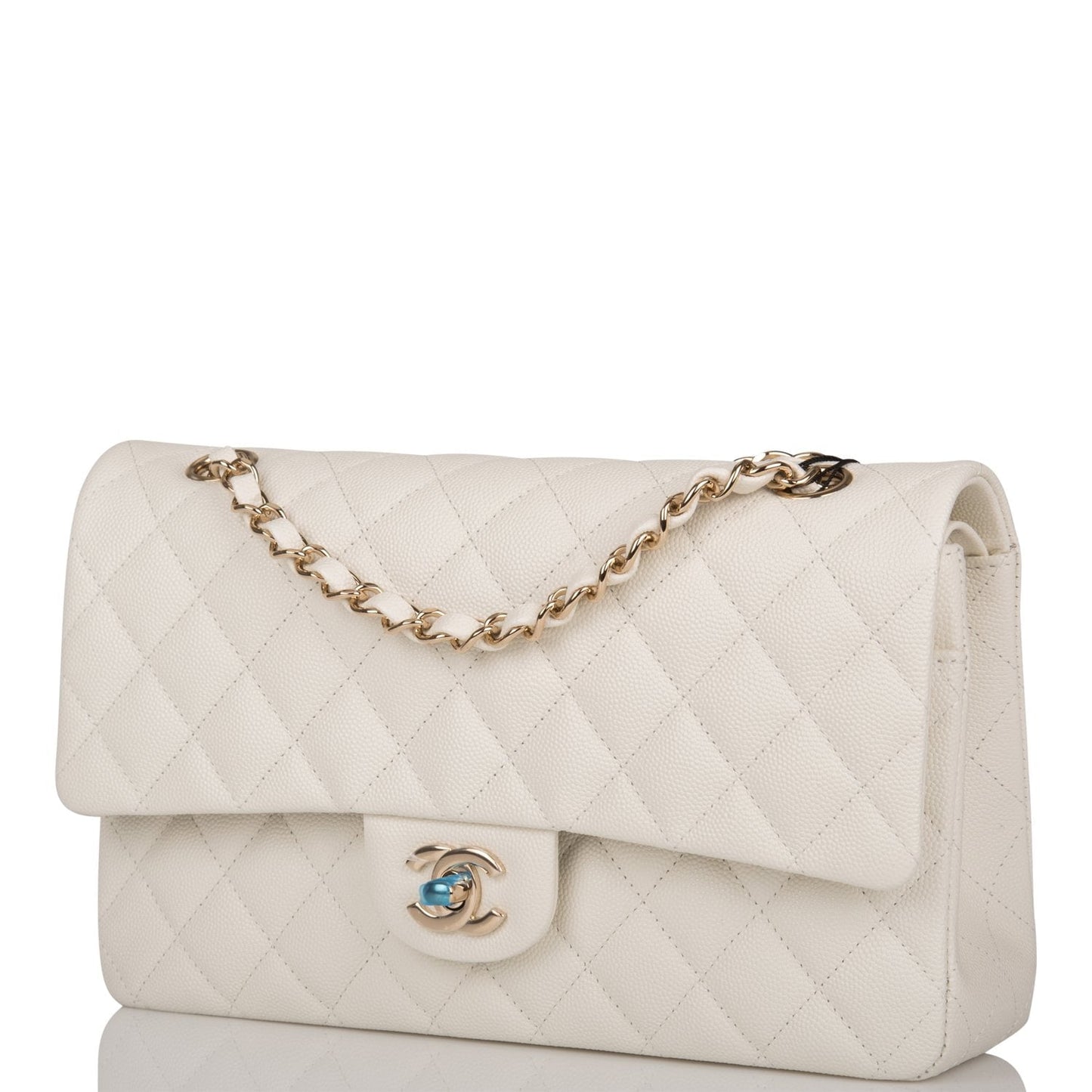 Chanel White Quilted Caviar Medium Classic Double Flap Bag Light Gold Hardware