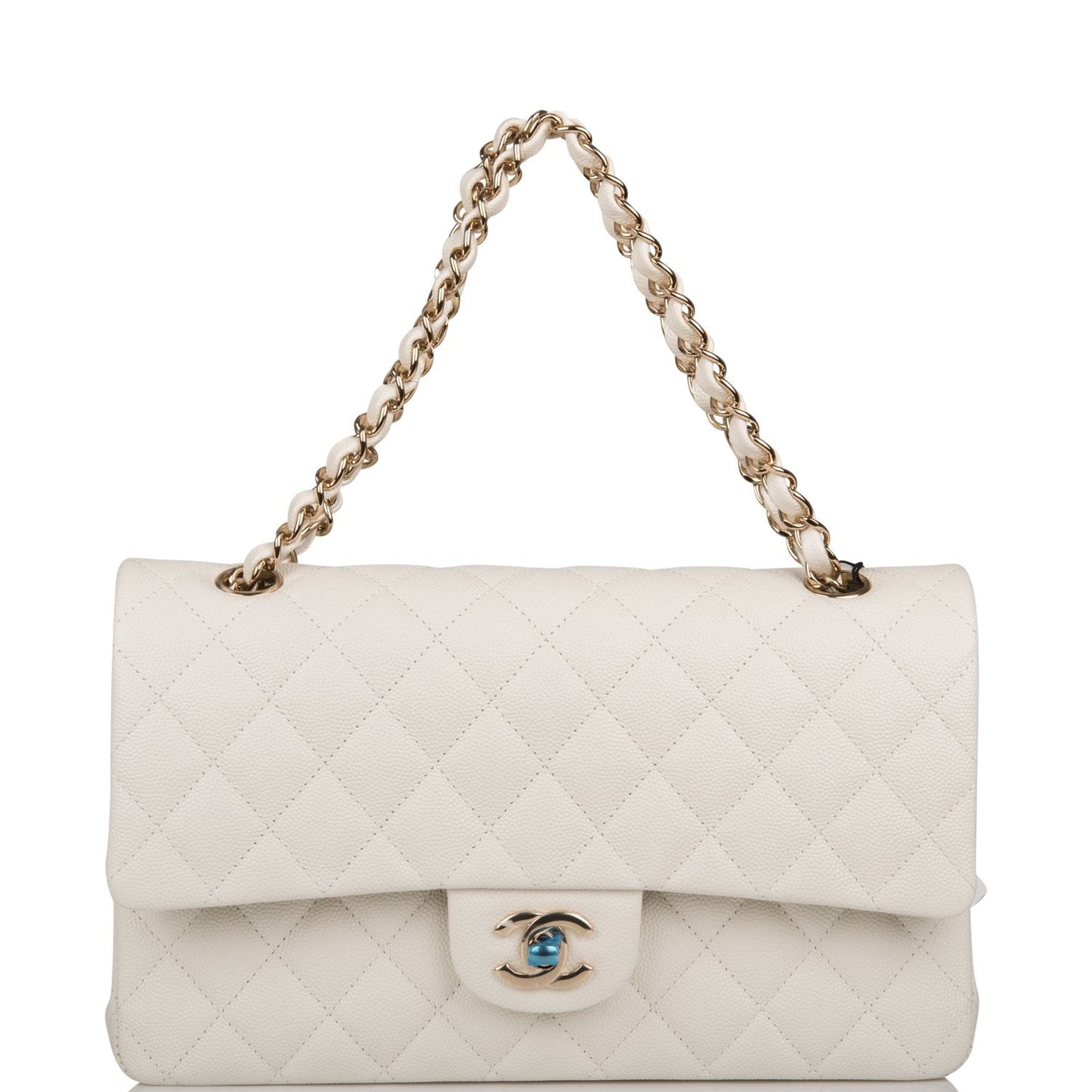 Chanel White Quilted Caviar Medium Classic Double Flap Bag Light Gold Hardware