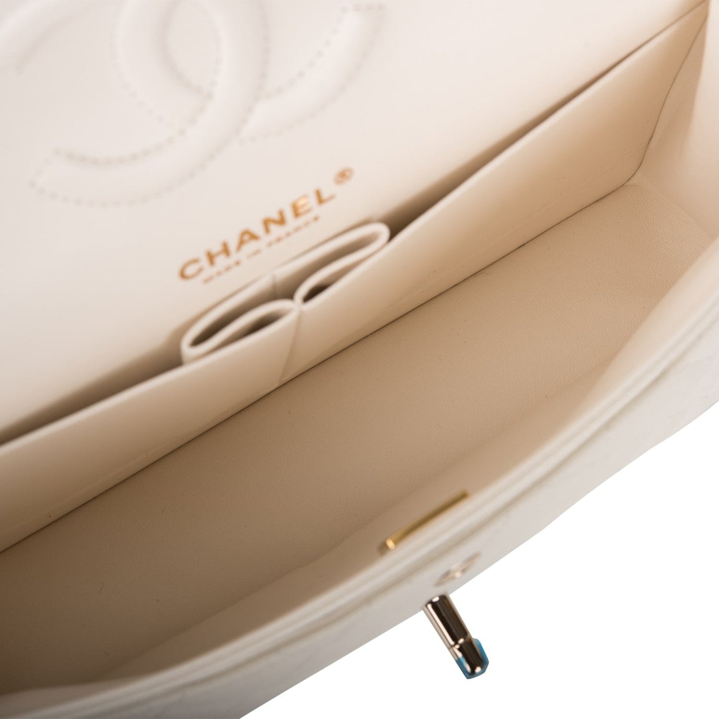 Chanel White Quilted Caviar Medium Classic Double Flap Bag Light Gold Hardware