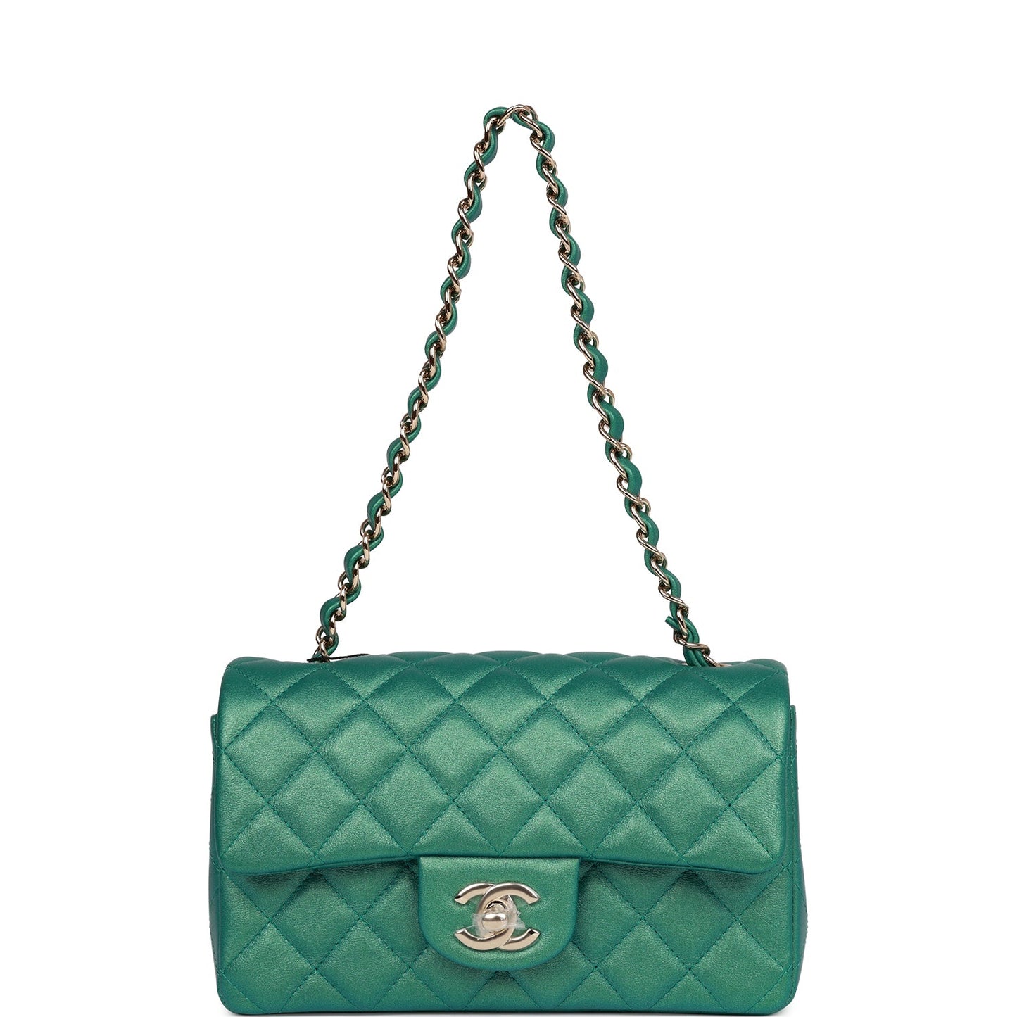 Chanel Mini Rectangular Flap Bag Green Iridescent Quilted Lambskin Light Gold Hardware
