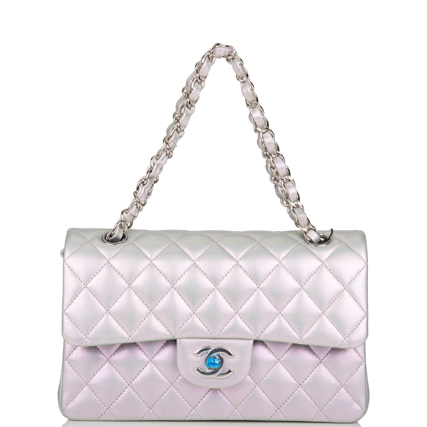Chanel Small Classic Double Flap Bag Purple Iridescent Lambskin Silver Hardware