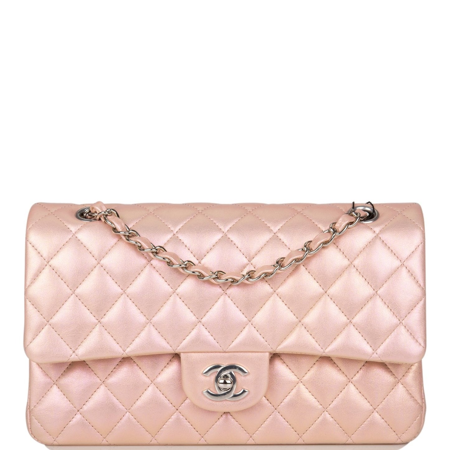 Chanel Medium Classic Double Flap Bag Pink Iridescent Lambskin Silver Hardware