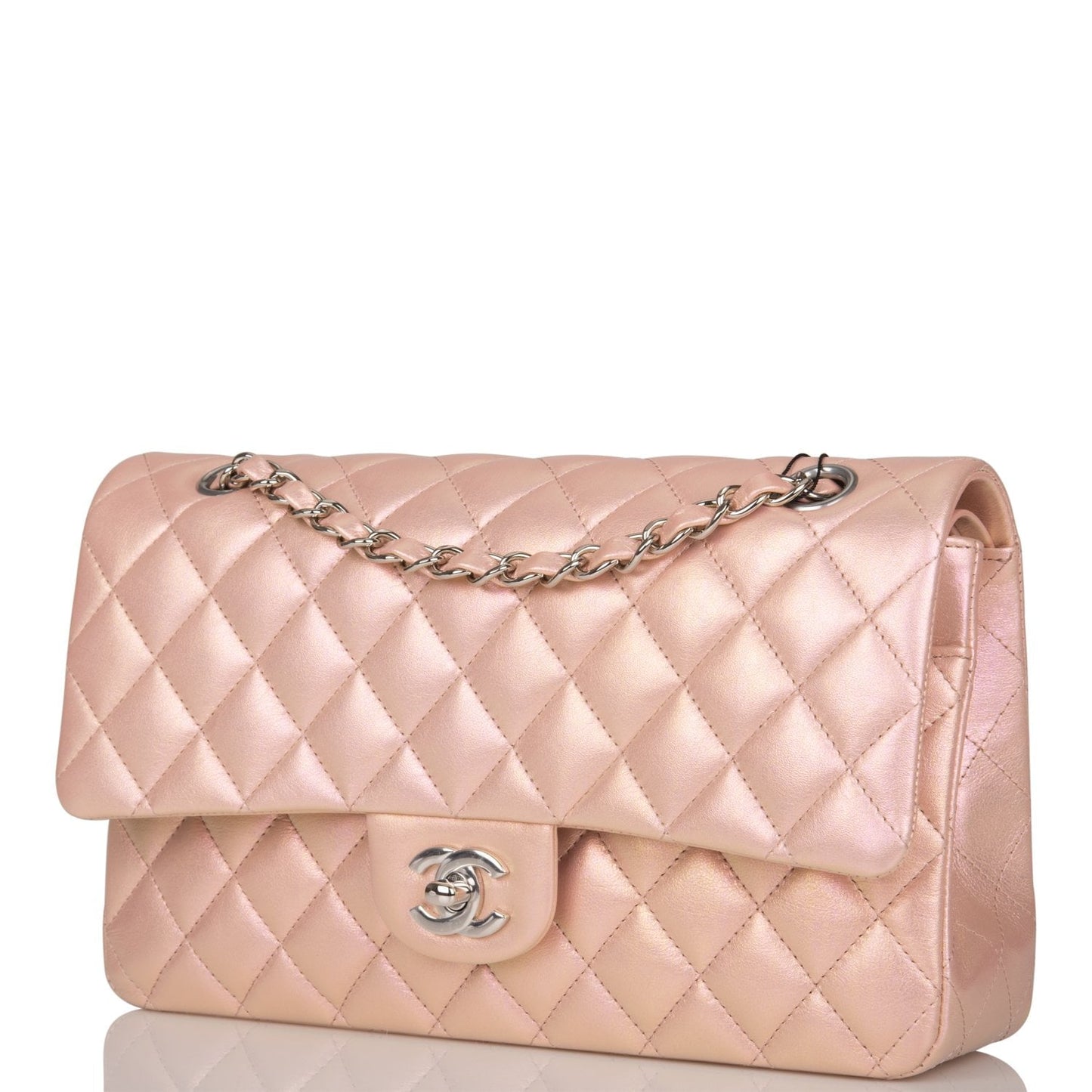 Chanel Medium Classic Double Flap Bag Pink Iridescent Lambskin Silver Hardware