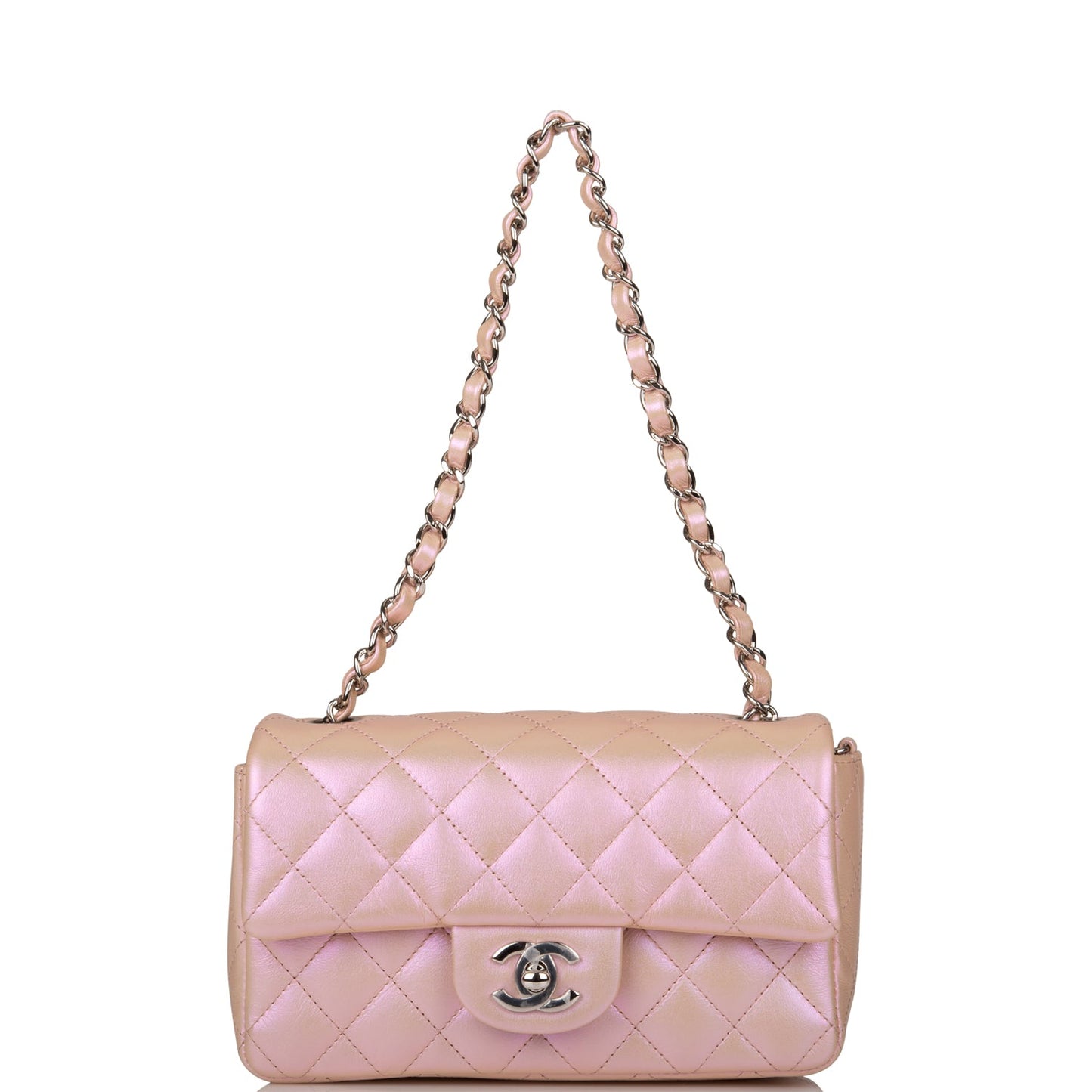 Chanel Mini Rectangular Flap Bag Pink Iridescent Lambskin Silver Hardware
