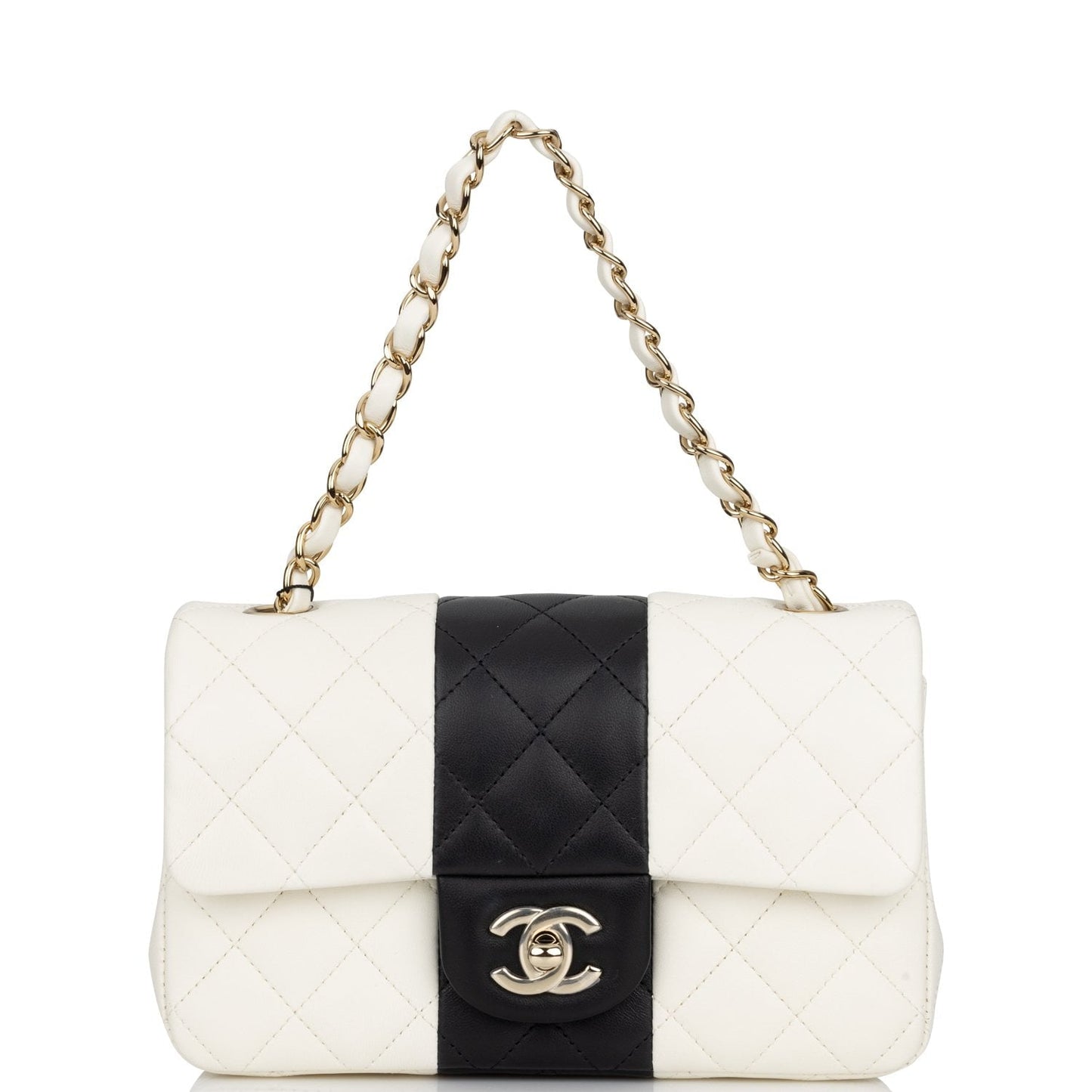 Chanel Mini Rectangular Flap Bag White and Black Lambskin Light Gold Hardware