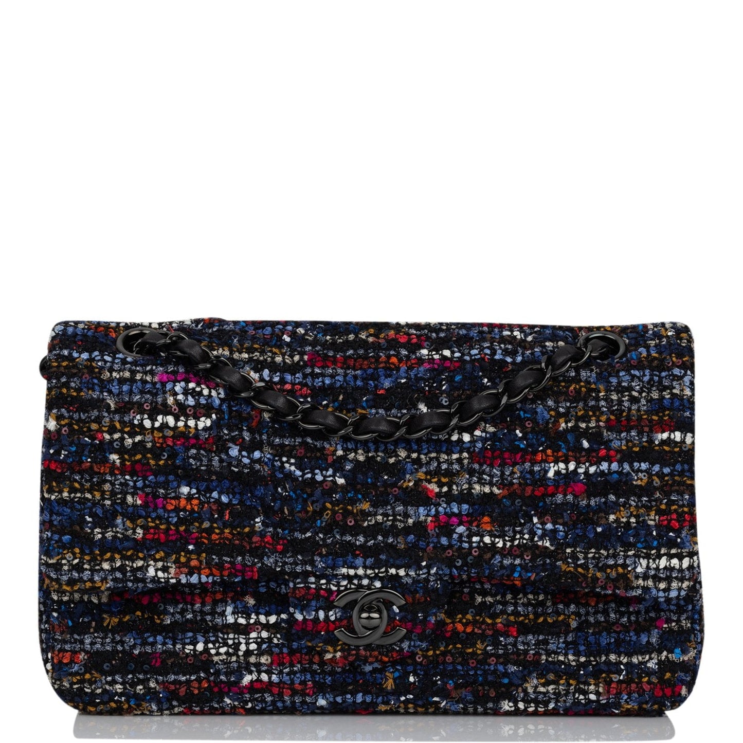 Chanel Medium Classic Double Flap Bag Navy Tweed Black Hardware