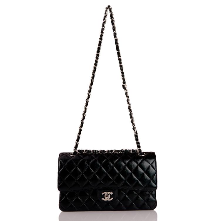 Chanel Medium Classic Double Flap Bag Black Iridescent Quilted Crumpled Calfskin Silver Hardware