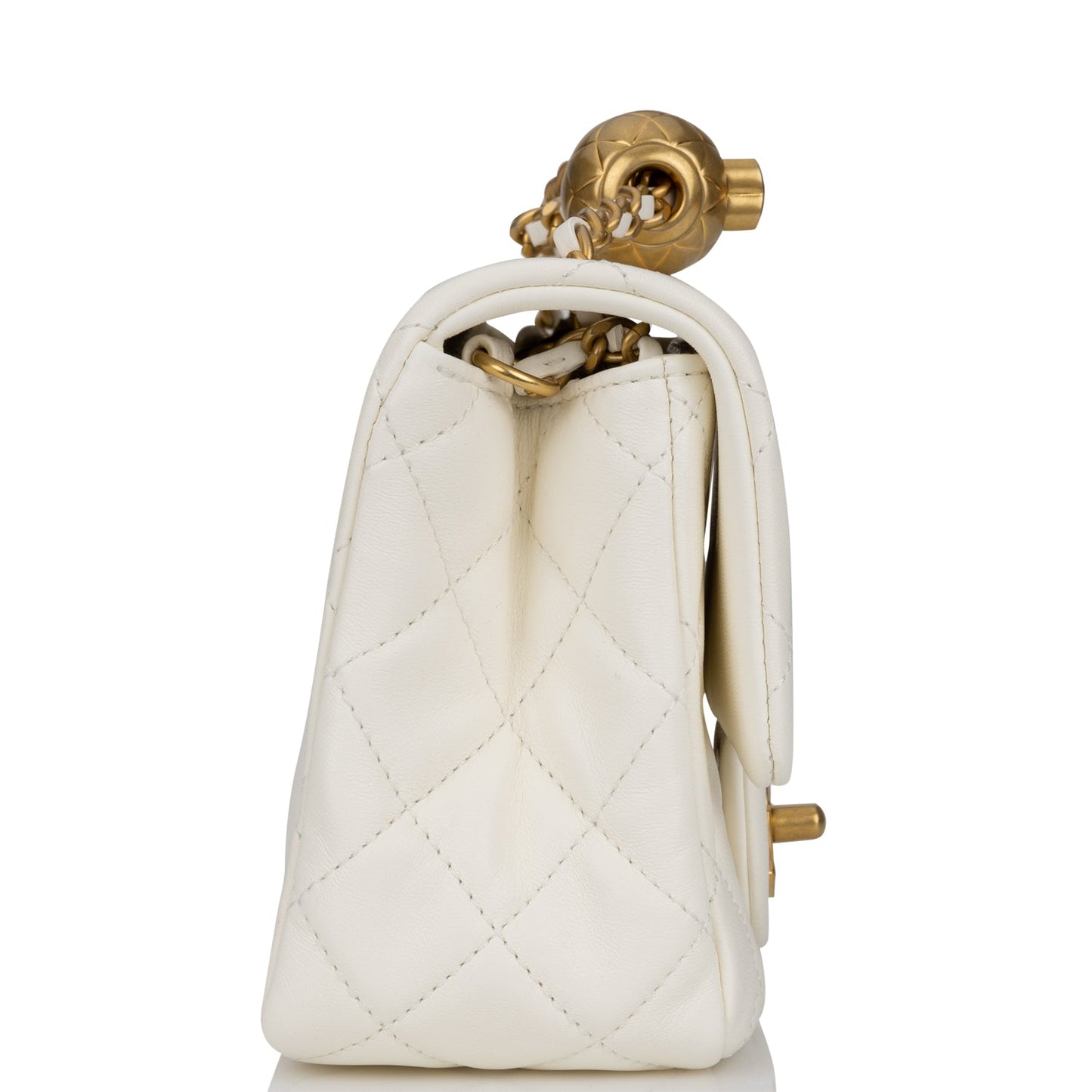Chanel Pearl Crush Mini Square Flap Bag White Lambskin Antique Gold Hardware