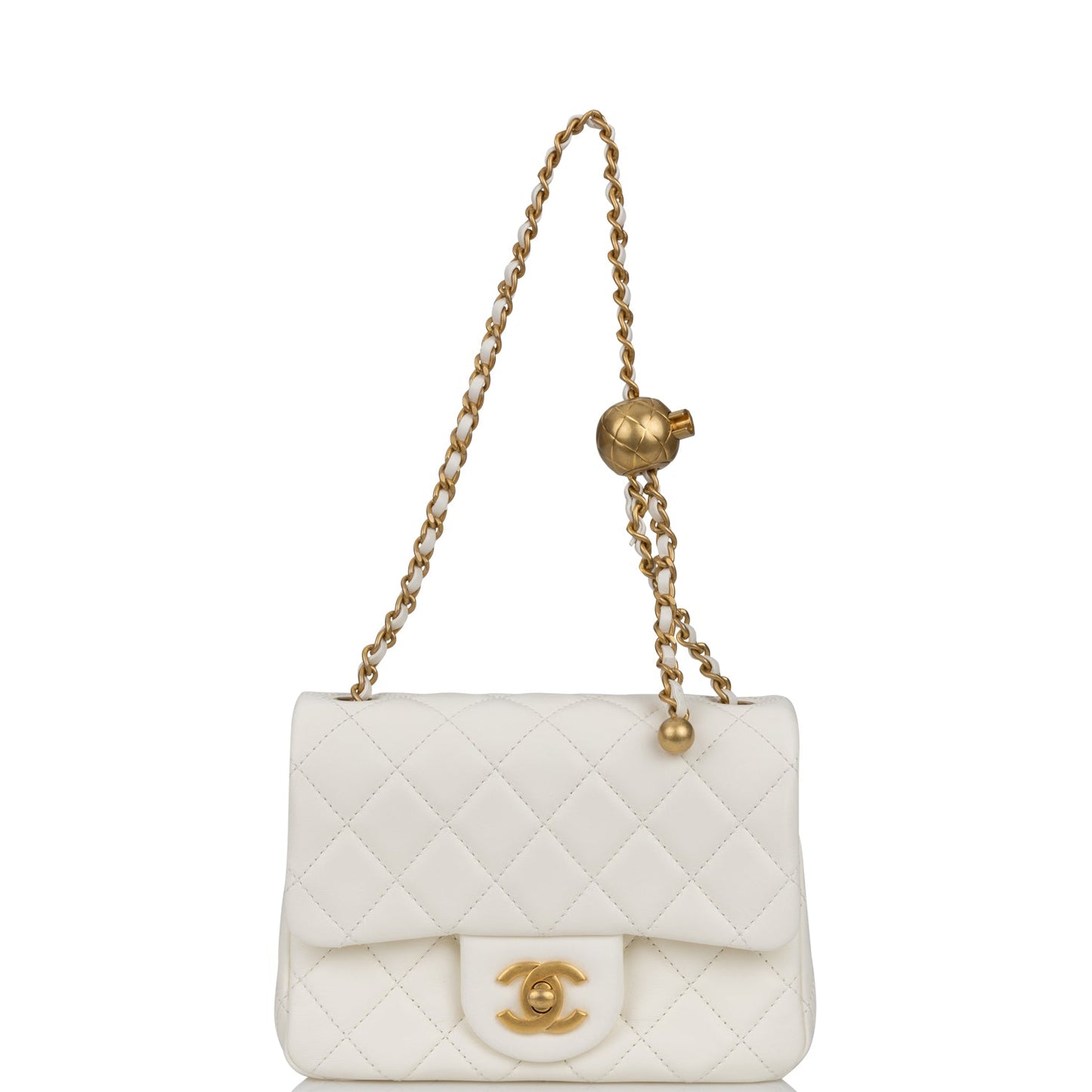 Chanel Pearl Crush Mini Square Flap Bag White Lambskin Antique Gold Hardware