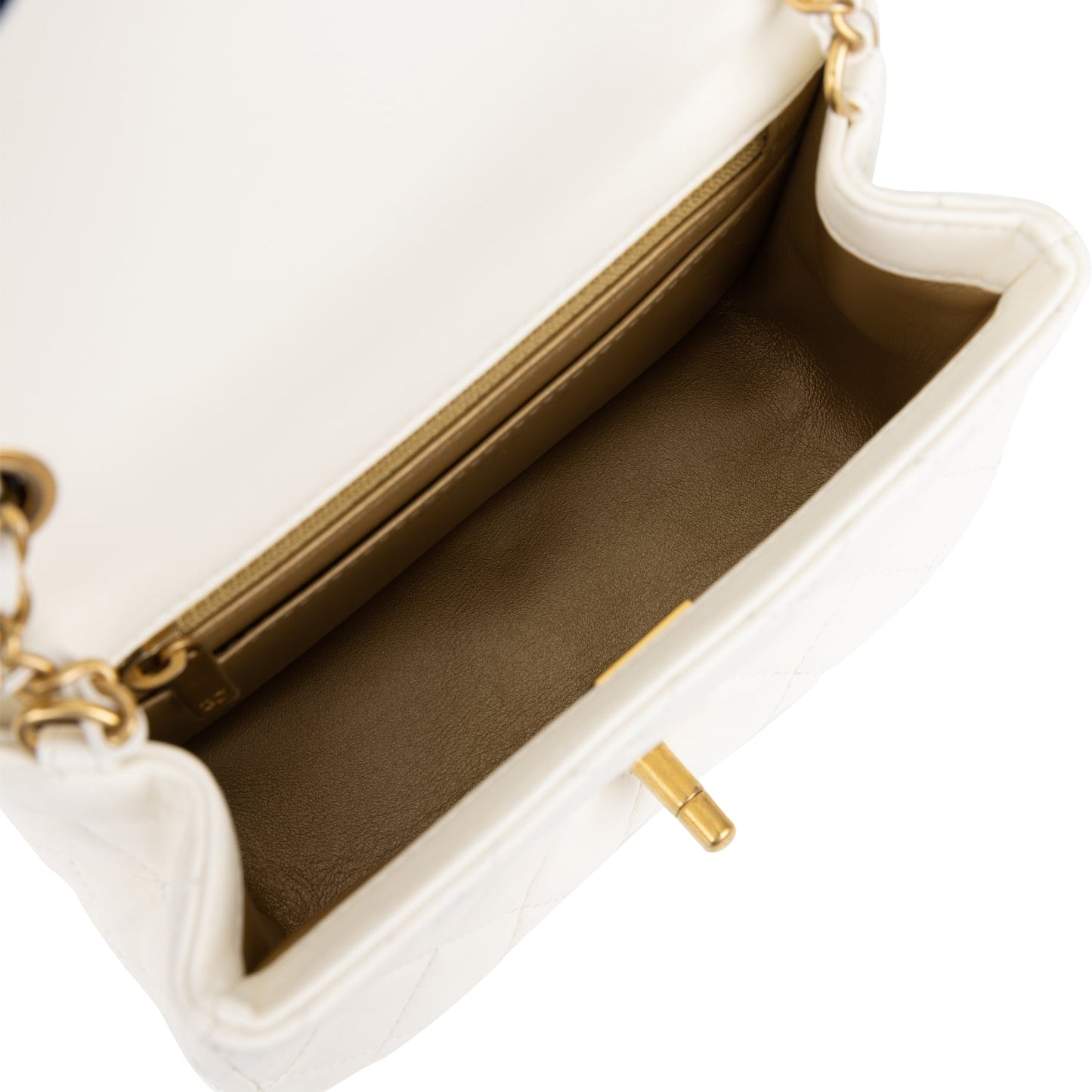 Chanel Pearl Crush Mini Square Flap Bag White Lambskin Antique Gold Hardware