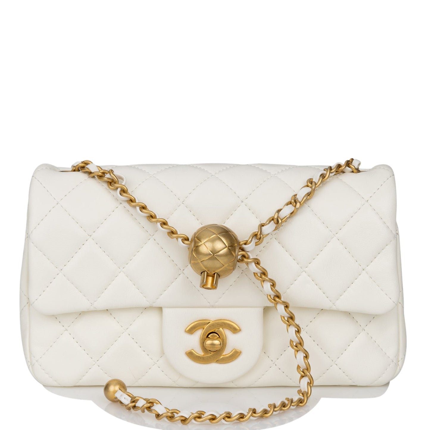 Chanel Pearl Crush Mini Rectangular Flap Bag White Lambskin Antique Gold Hardware