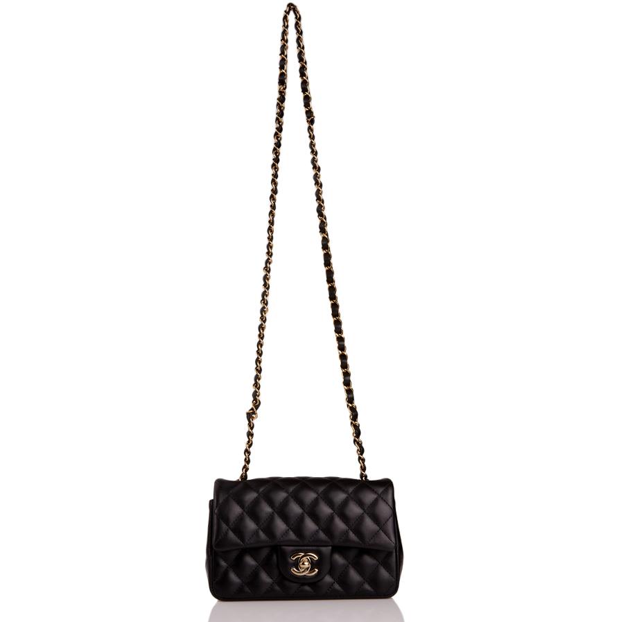 Chanel Mini Rectangular Flap Bag Black Lambskin Light Gold Hardware