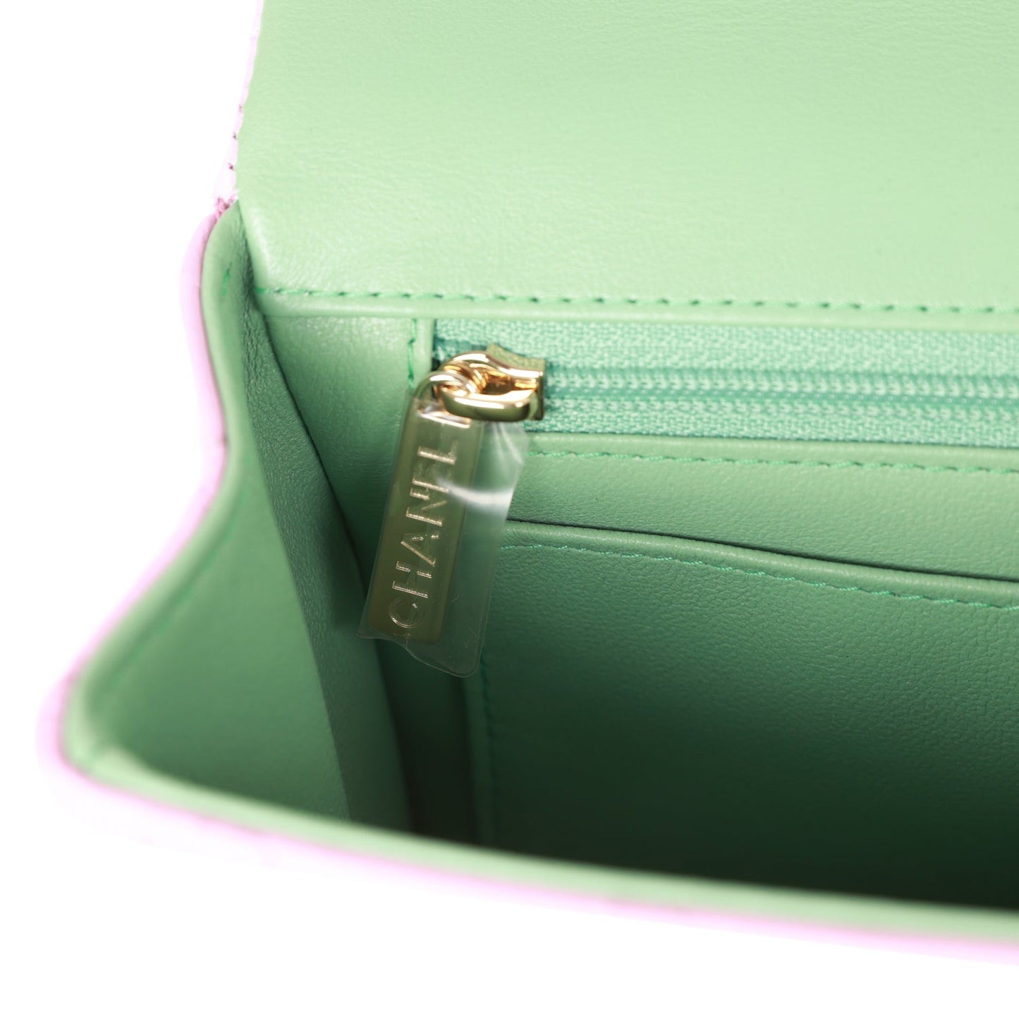 Chanel Mini Rectangular Flap with Top Handle Lilac and Green Lambskin Light Gold Hardware