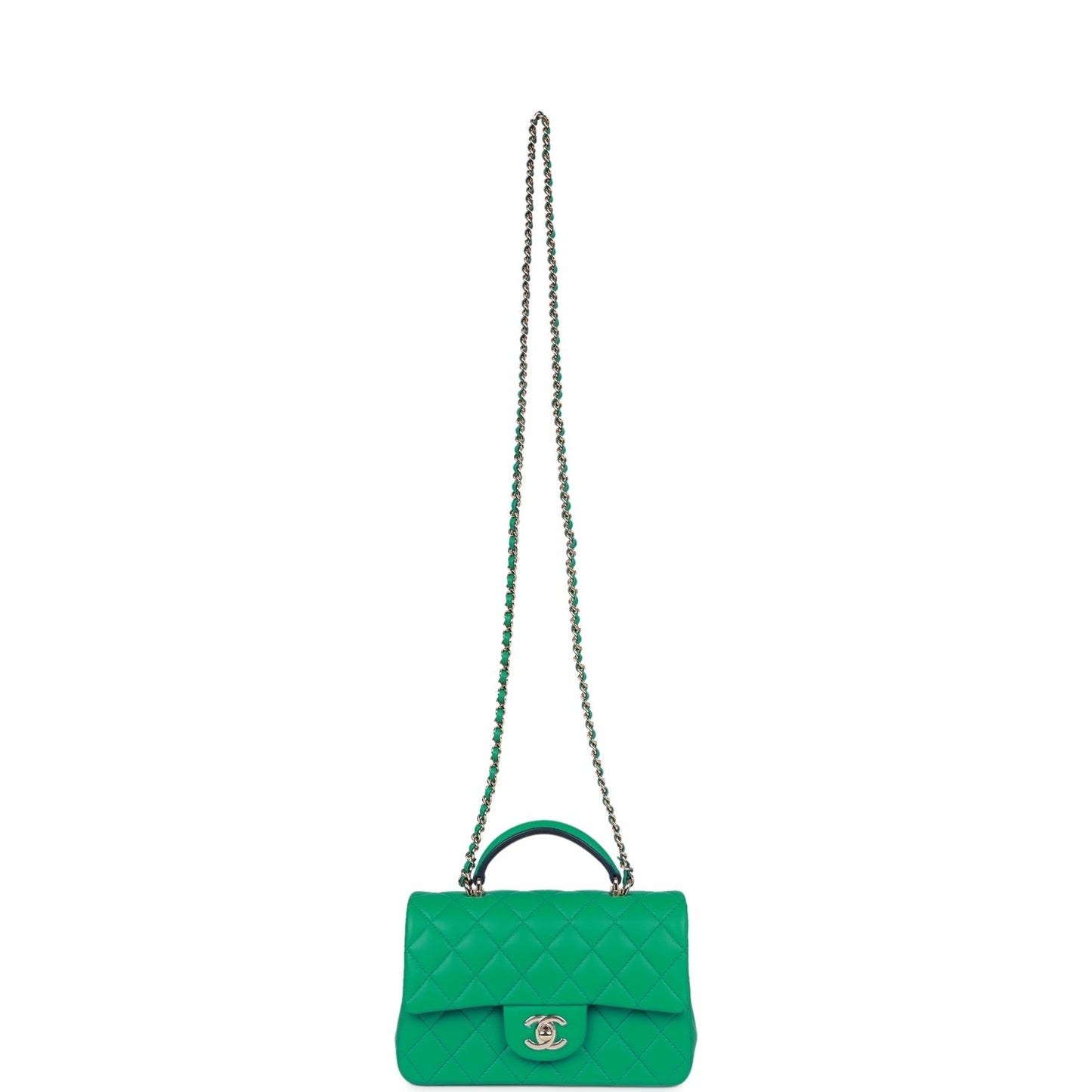 Chanel Mini Rectangular Flap with Top Handle Green and Navy Blue Lambskin Light Gold Hardware