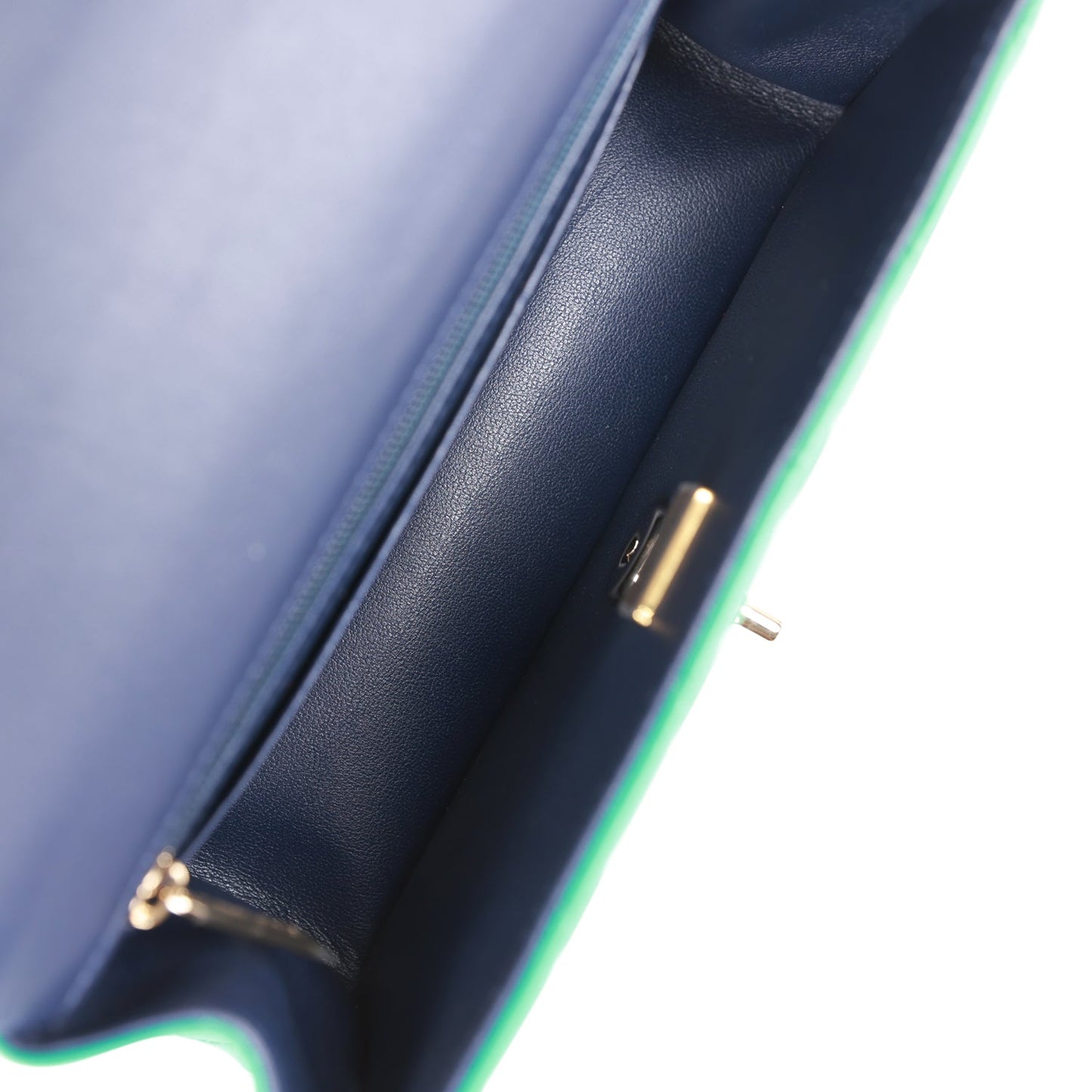 Chanel Mini Rectangular Flap with Top Handle Green and Navy Blue Lambskin Light Gold Hardware