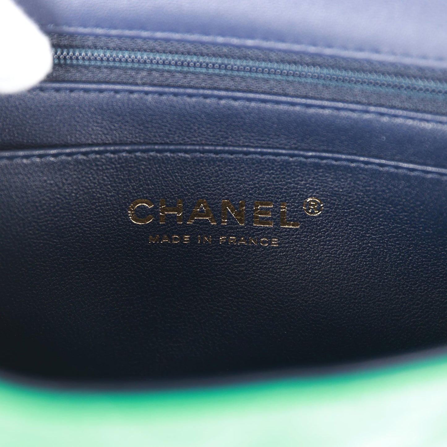 Chanel Mini Rectangular Flap with Top Handle Green and Navy Blue Lambskin Light Gold Hardware