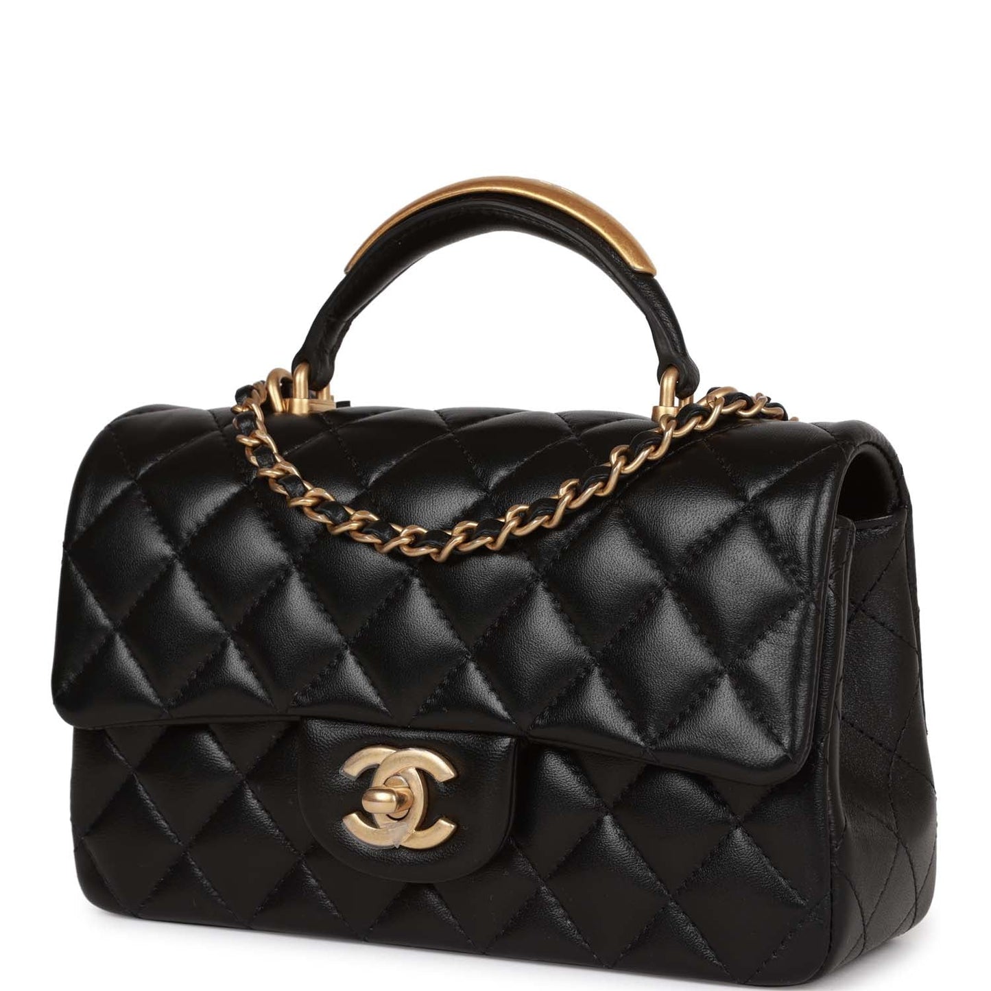 Chanel Mini Rectangular Flap with Top Handle Black Lambskin Antique Gold Hardware