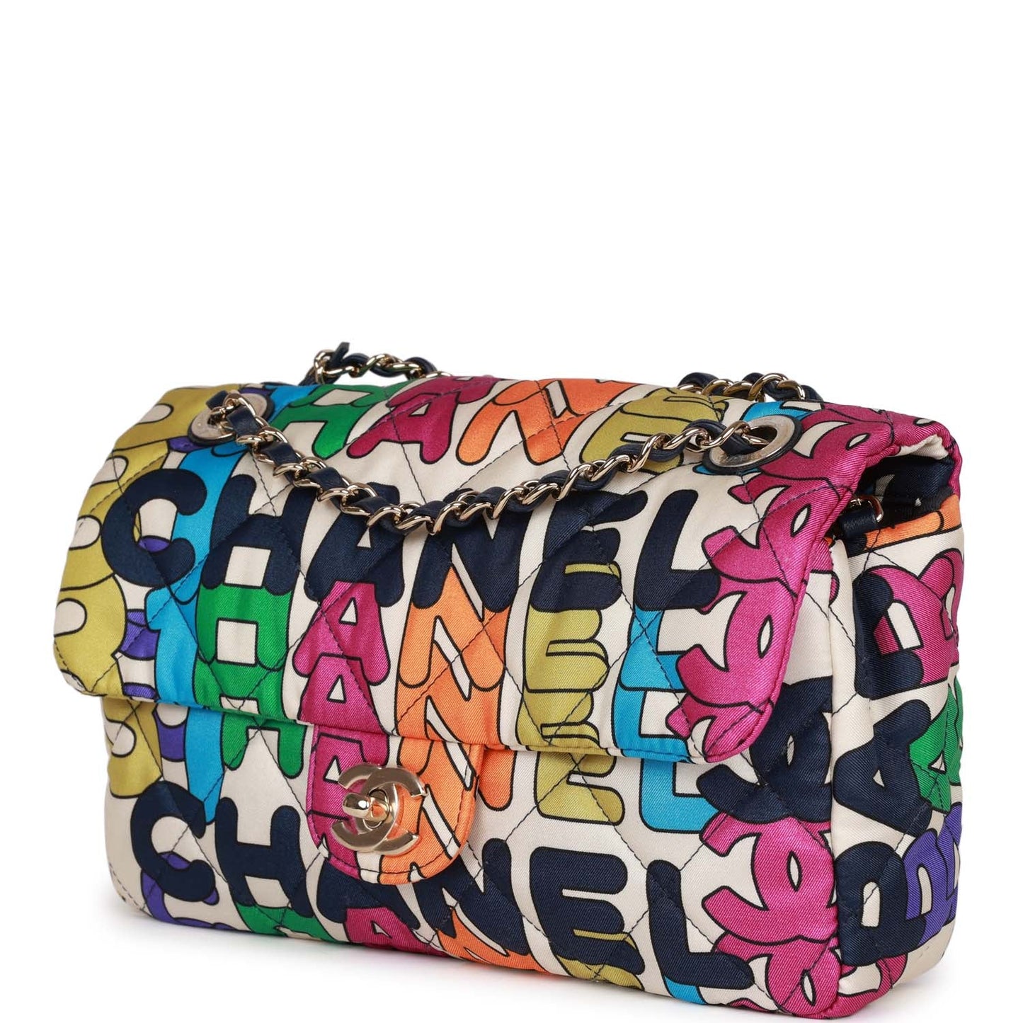 Chanel Medium Flap Bag Multicolor Rainbow Logo Nylon Light Gold Hardware