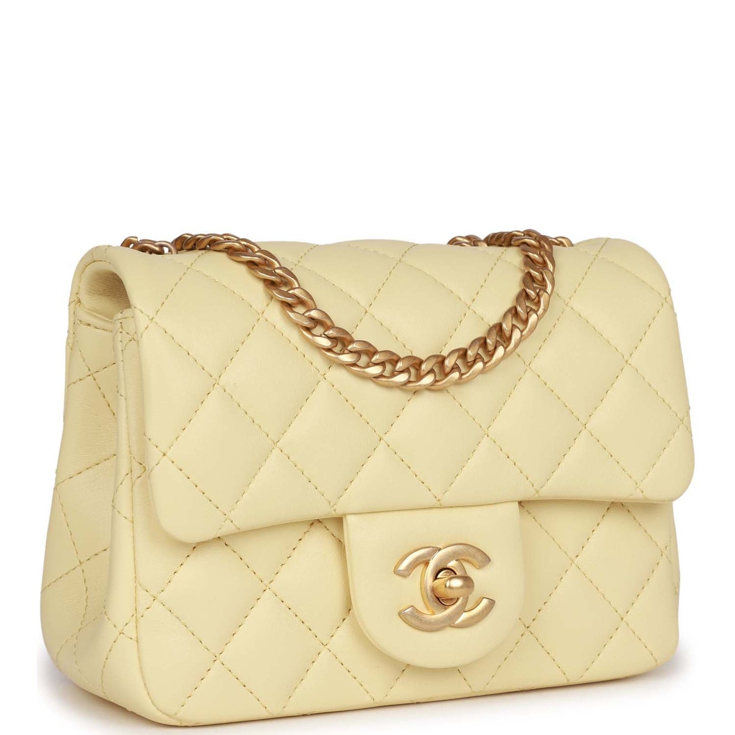 Chanel Camellia Crush Mini Square Flap Yellow Lambskin Antique Gold Hardware
