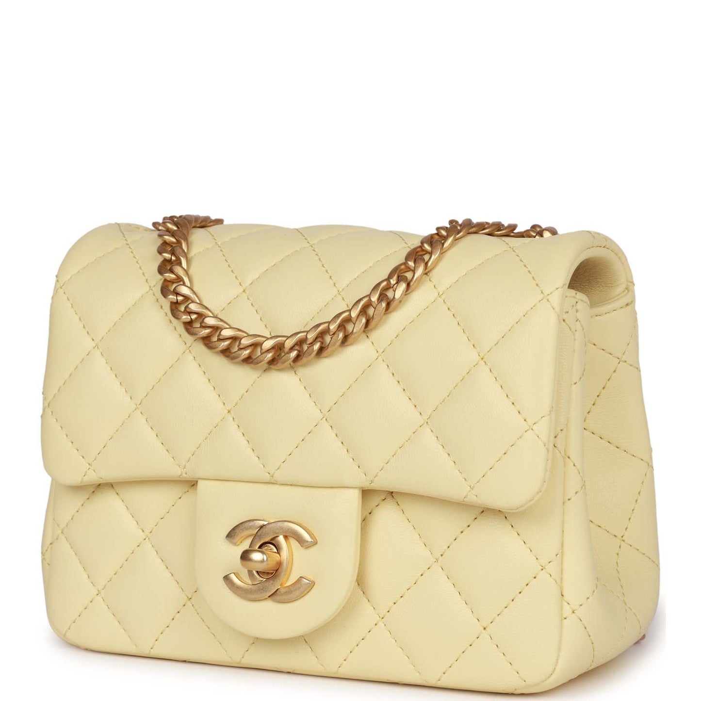Chanel Camellia Crush Mini Square Flap Yellow Lambskin Antique Gold Hardware