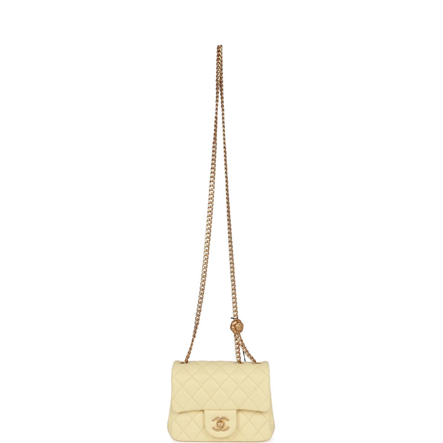 Chanel Camellia Crush Mini Square Flap Yellow Lambskin Antique Gold Hardware