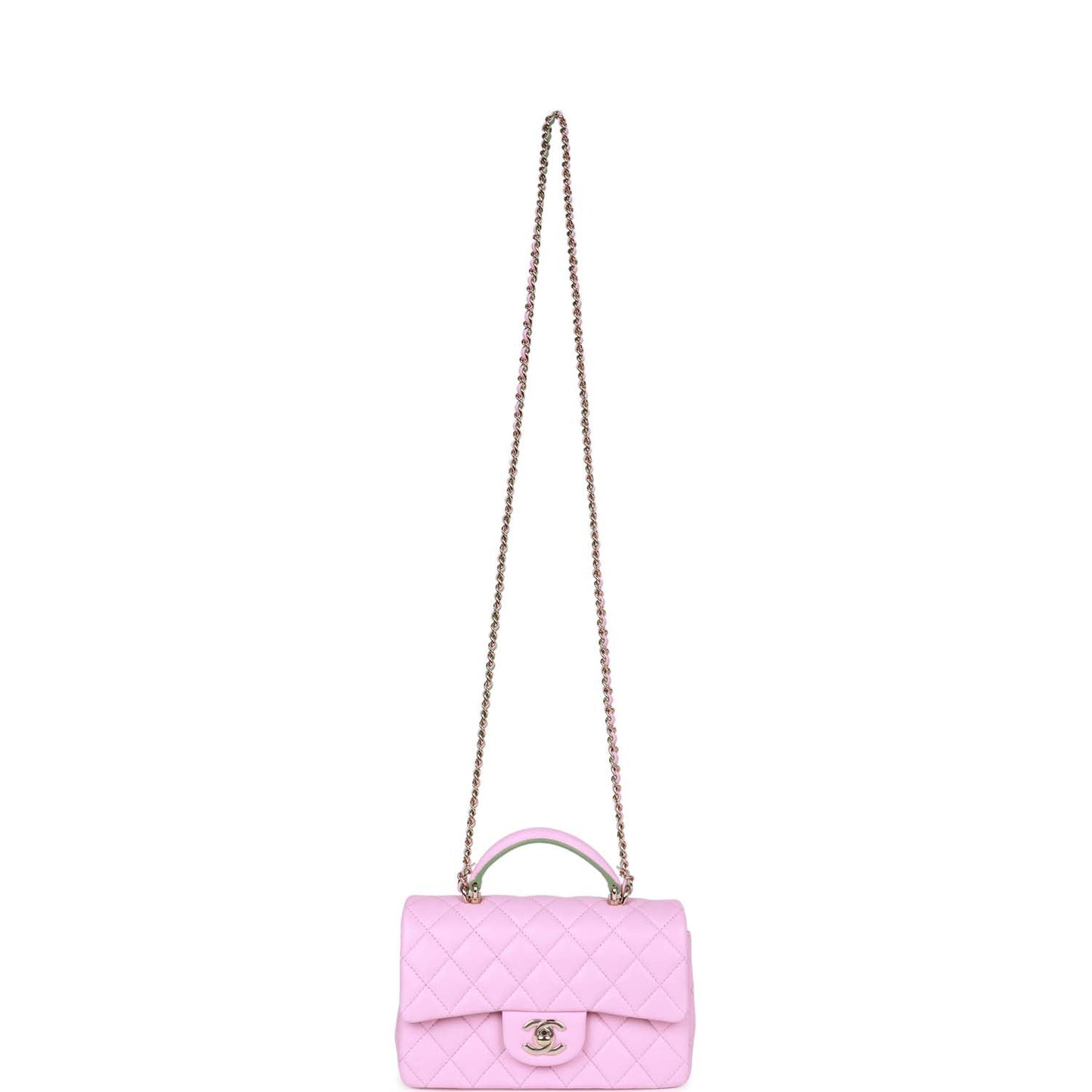 Chanel Mini Rectangular Flap with Top Handle Pink and Green Lambskin Light Gold Hardware