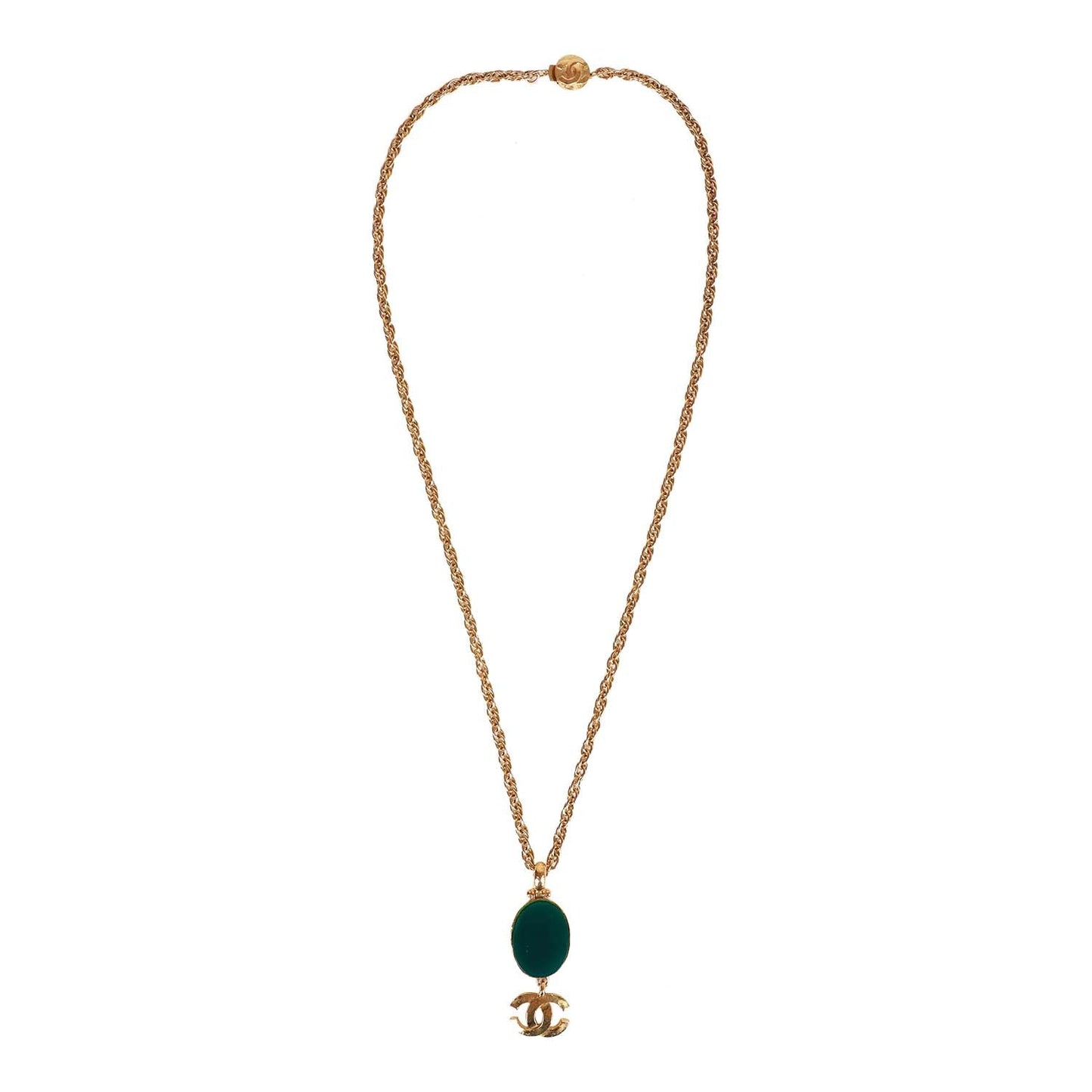 Chanel Vintage Gold Plated Hanging Green Gripoix and CC Pendant Necklace