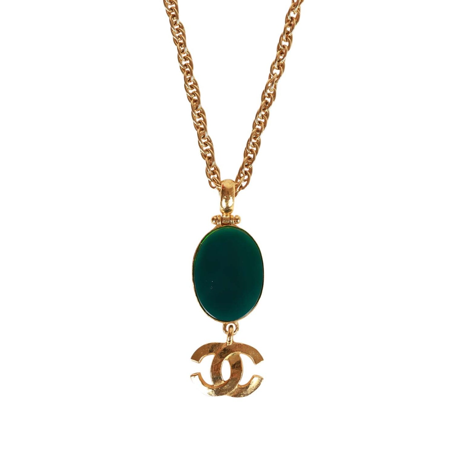 Chanel Vintage Gold Plated Hanging Green Gripoix and CC Pendant Necklace