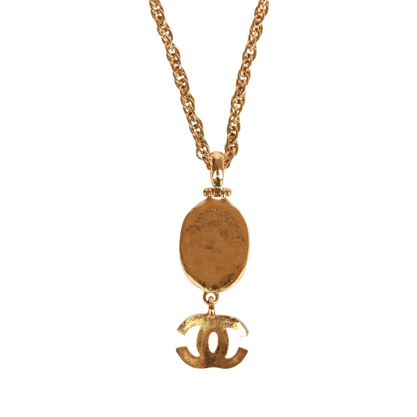 Chanel Vintage Gold Plated Hanging Green Gripoix and CC Pendant Necklace
