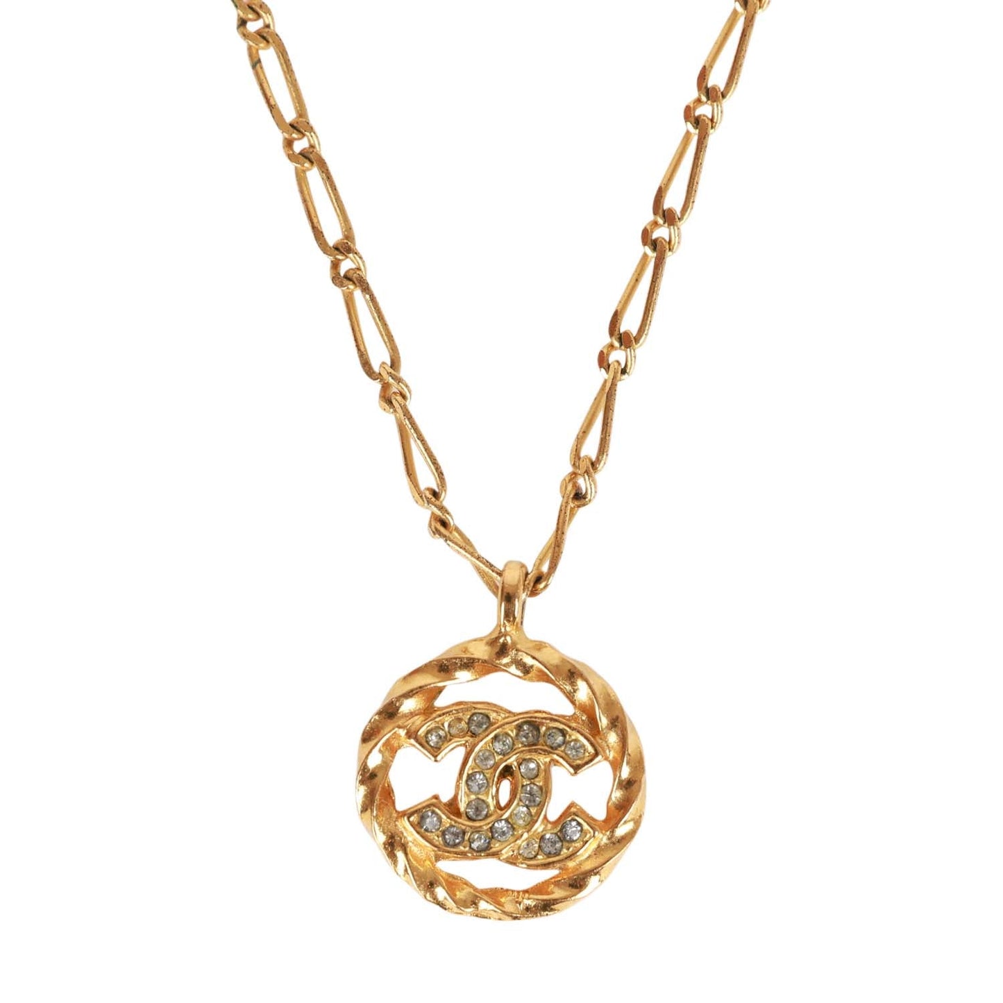 Chanel Vintage 24K Gold Plated Crystal CC Charm Pendant Necklace