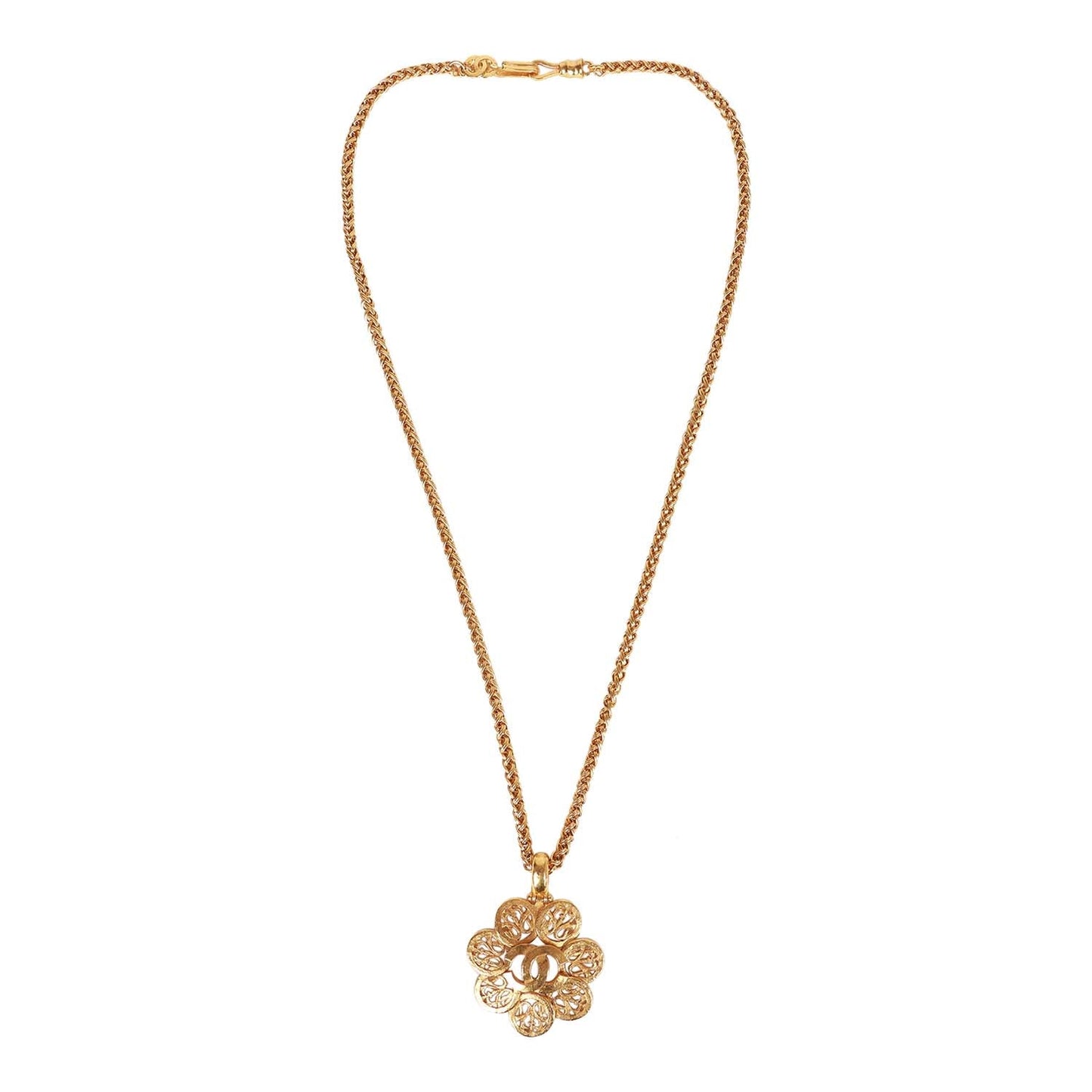 Chanel Vintage 24K Gold Plated Large Byzantine Flower CC Pendant Necklace