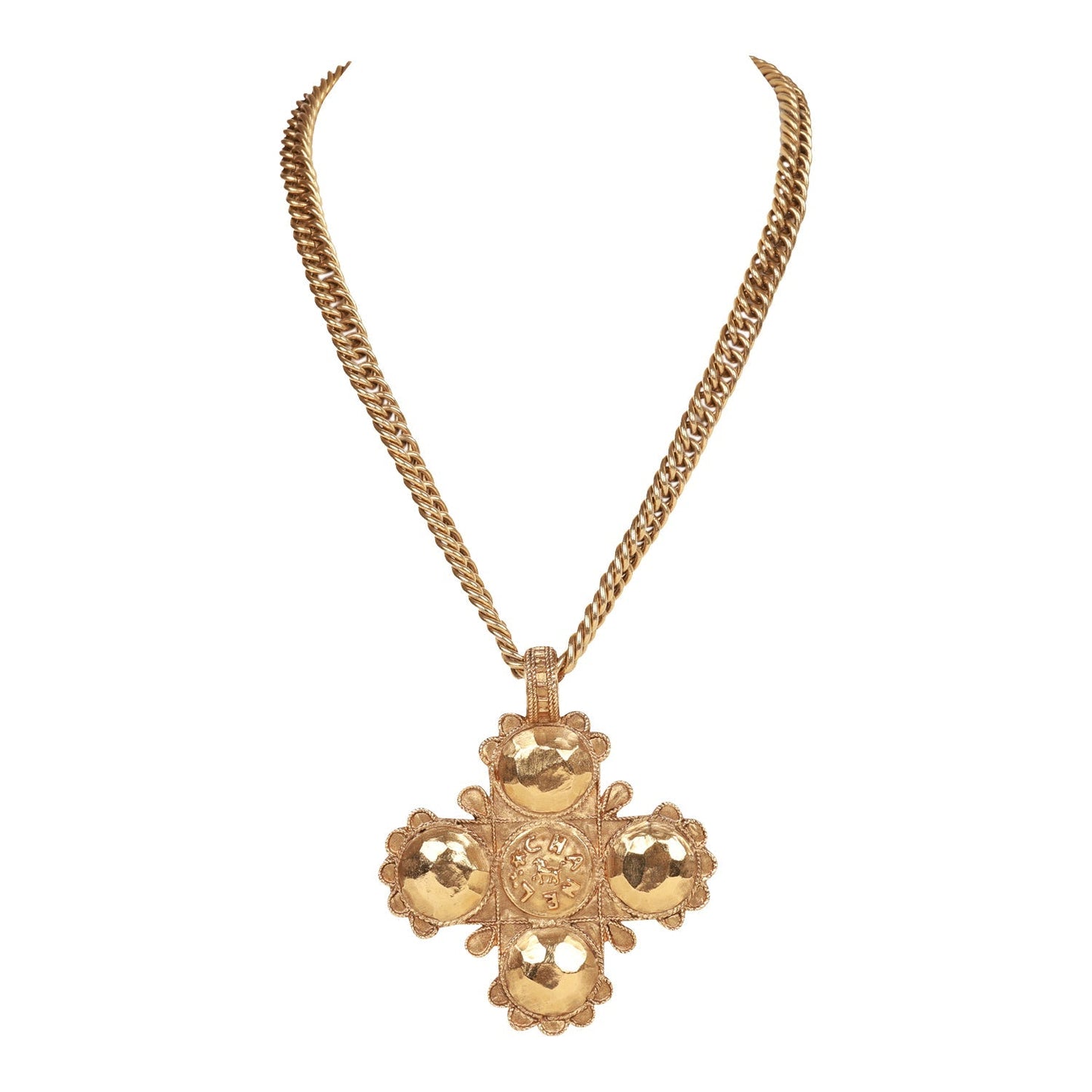 Chanel Vintage 24K Gold Plated Lion Cross Pendant Necklace