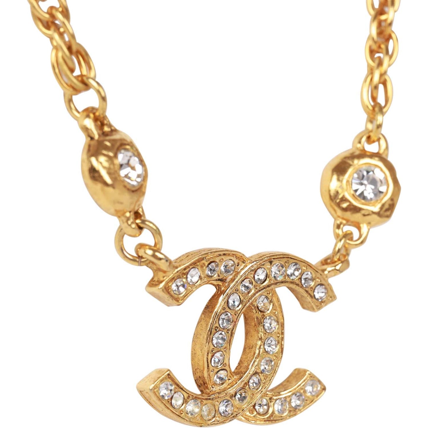 Chanel Vintage 24K Gold Plated Crystal Signature CC Logo Necklace