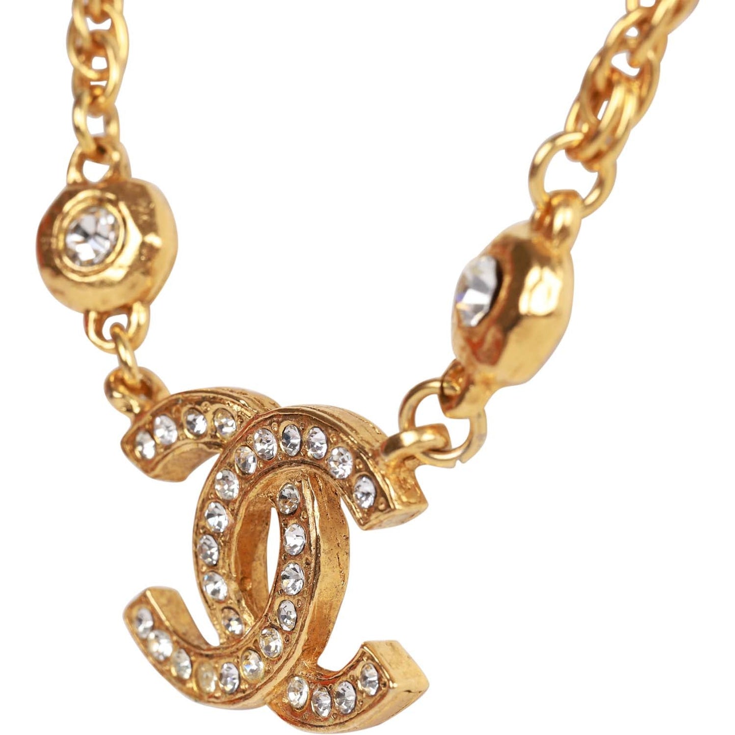 Chanel Vintage 24K Gold Plated Crystal Signature CC Logo Necklace