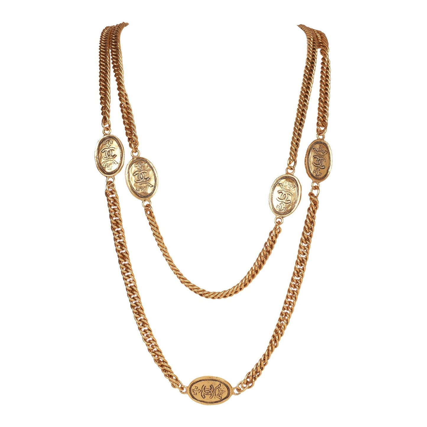 Chanel Vintage 24K Gold Plated CC Oval Coin Charm Sautoir Necklace